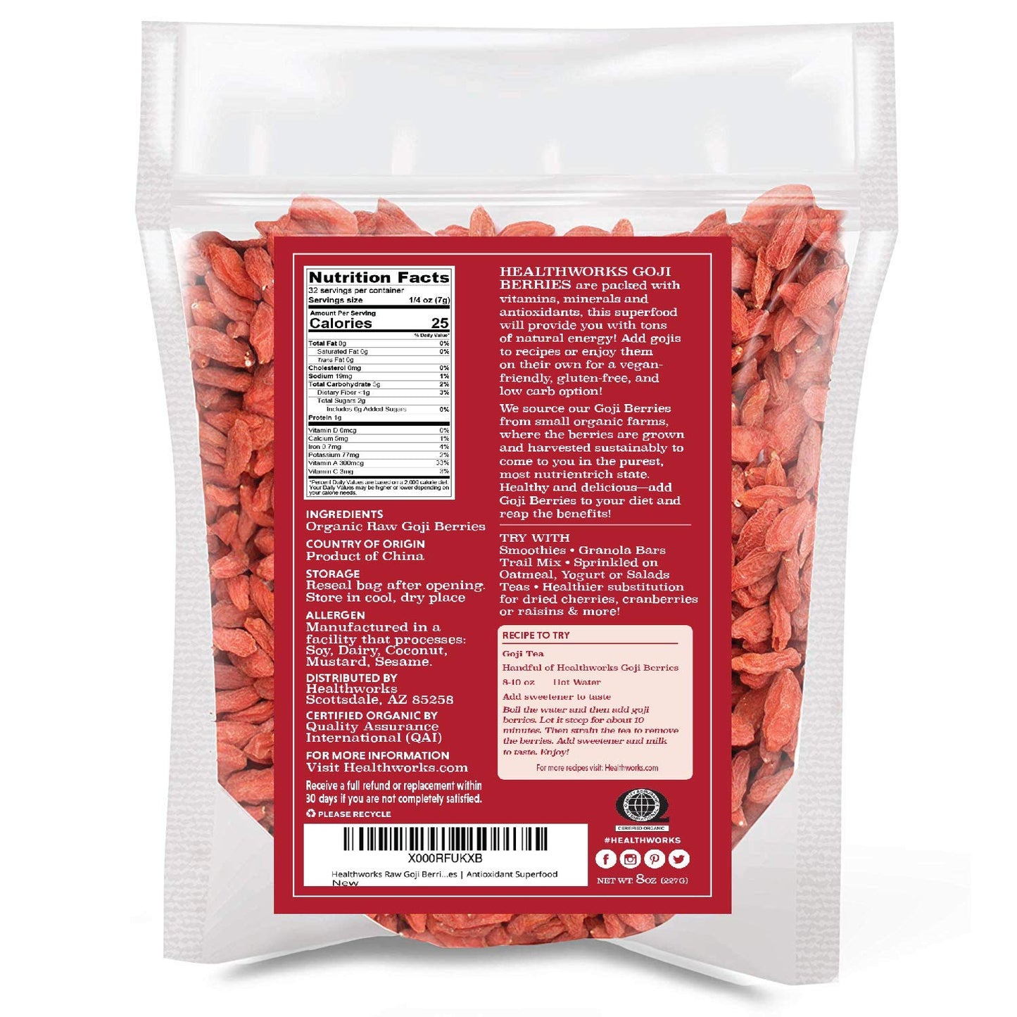 Healthworks Superfoods Organic Dried Goji Berries - 8 Oz - 1 Pack - Vegan and Non-GMO -Certified Organic Raw Sun-Dried Goji Berr