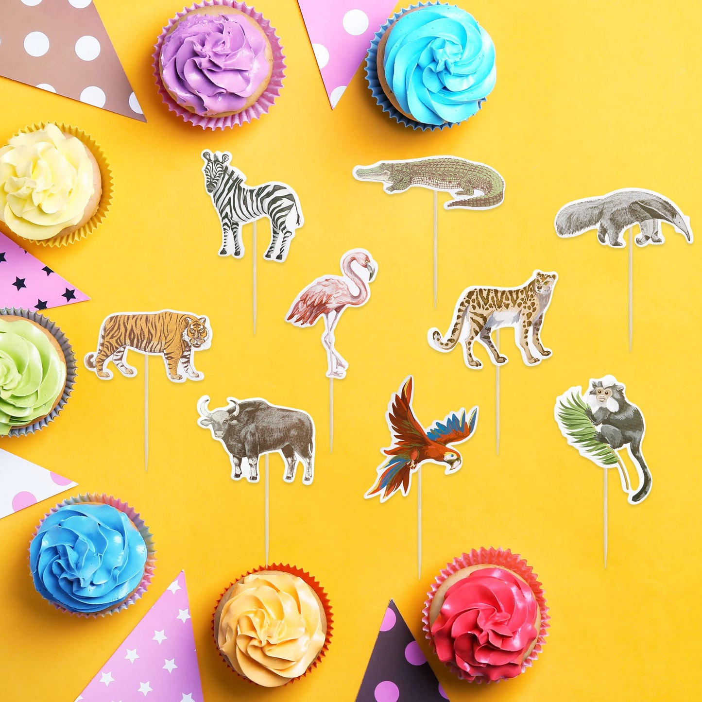 Gyufise 36Pcs Jungle Safari Animal Cupcake Toppers Tiger Zebra Cow Lion Cupcake Pick Decorations For Jungle Theme Baby Shower Bi