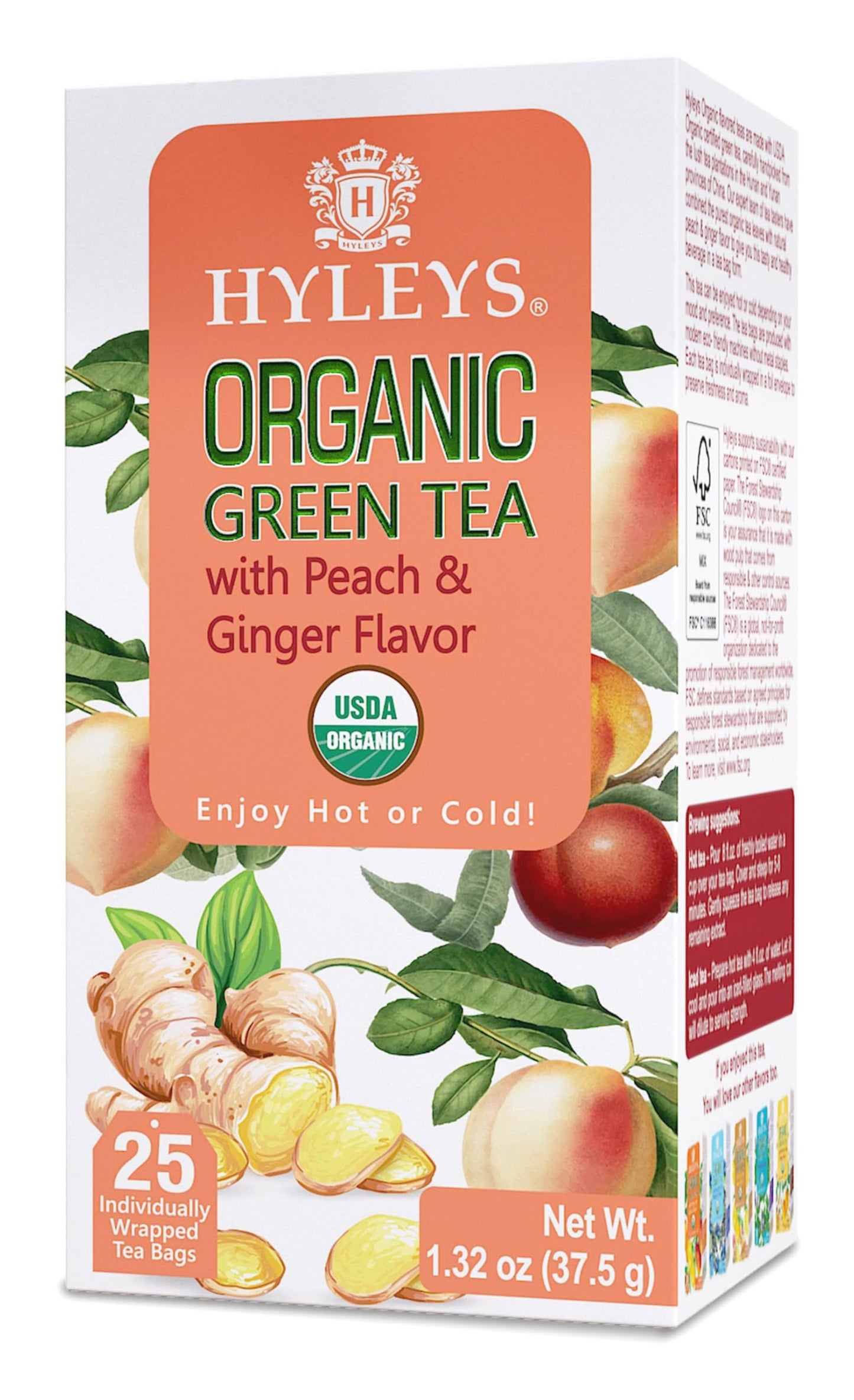 Hyleys Organic Green Tea Peach And Ginger Flavor - 25 Tea Bags