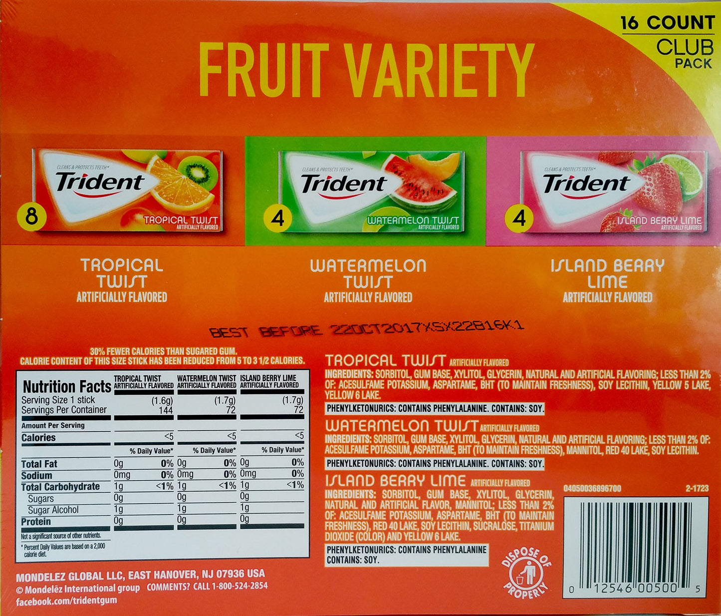 Trident Fruit Variety Pack Sugar Free Gum, 14 Count, Pack Of 20