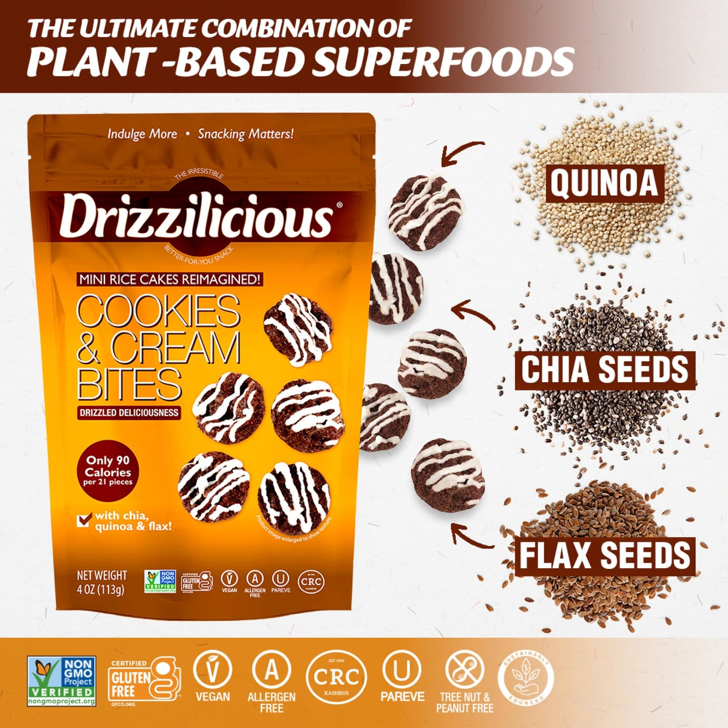 Drizzilicious Mini Rice Cakes Cookies & Cream - Rice Crisps, Healthy Snack For Adults And Kids, Flavored Rice Cakes, Vegan, Glut