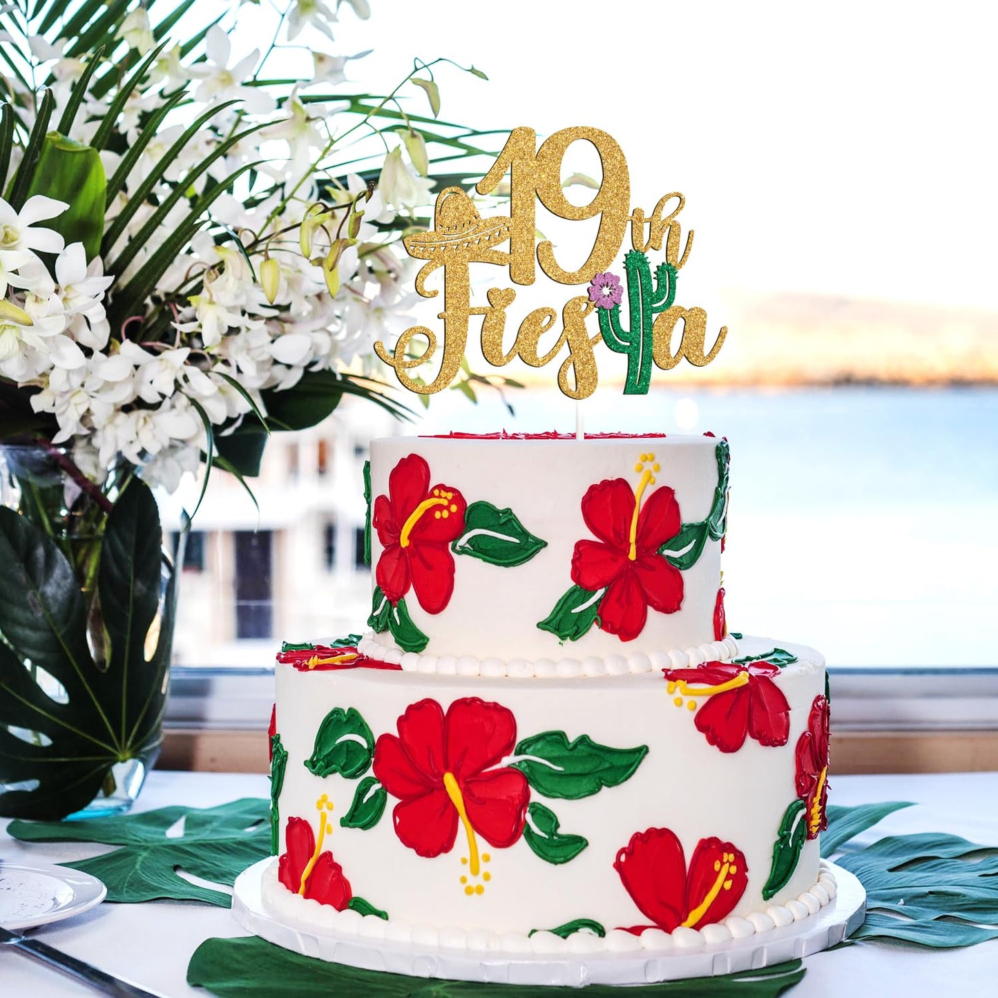 Tivurcia Cake Topper, Fiesta 19th Birthday Decoration, Gold Color, Tropical Theme