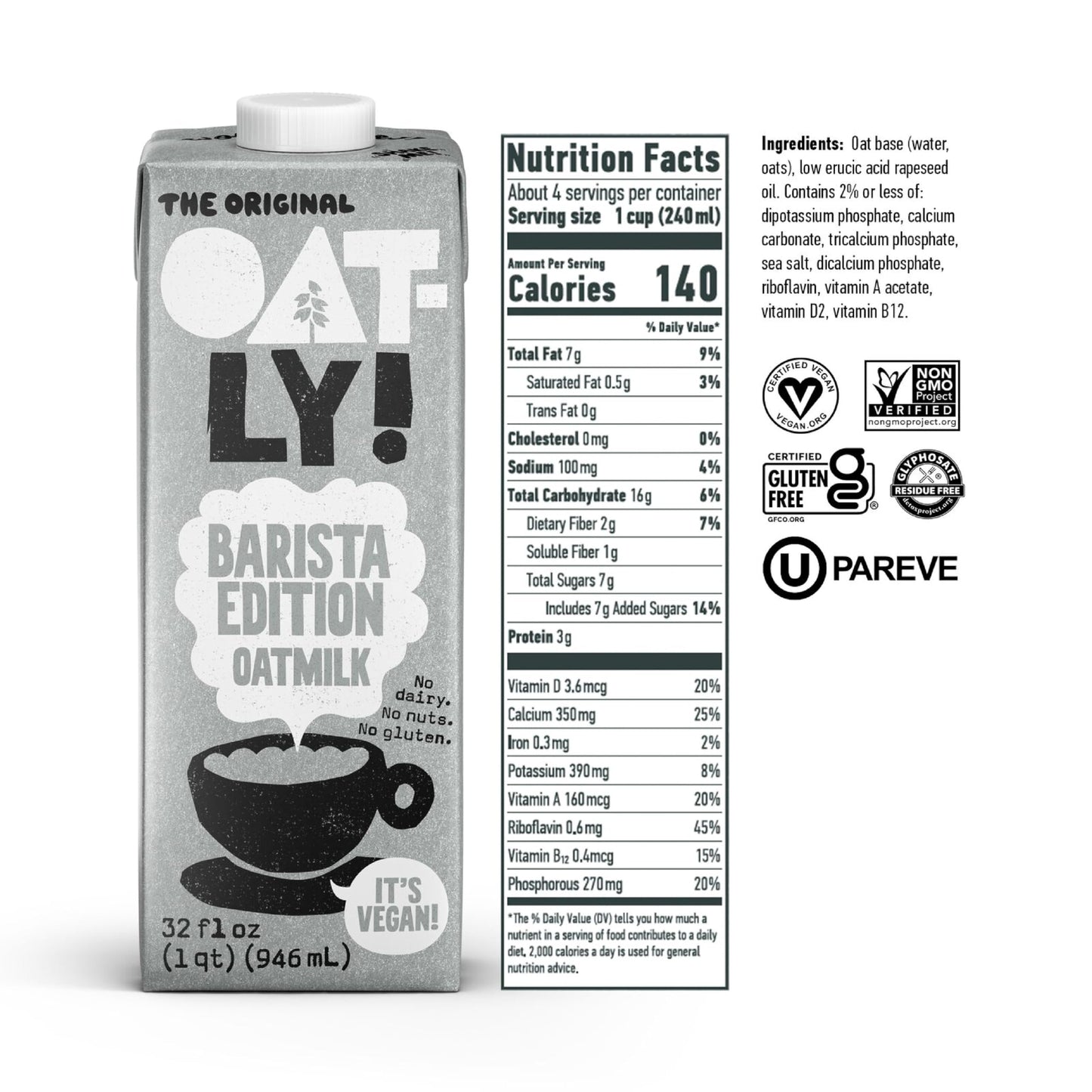 Oatly Barista Edition Oat Milk - Crafted for Coffee | Dairy-Free, Plant-Based, Shelf-Stable Milk that makes Perfect Foam (32 oz,