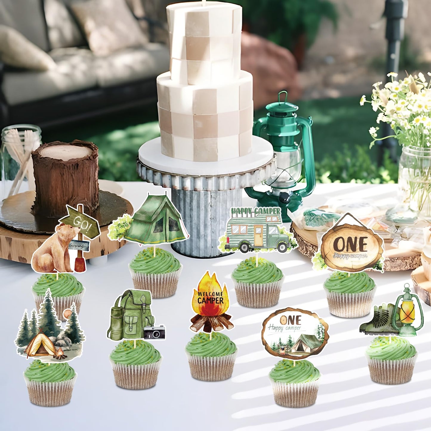 One Happy Camper Cake Topper - Joybileefun 36Pcs One Happy Camper Birthday Decorations Cupcake Toppers Woodland Camping Themed P