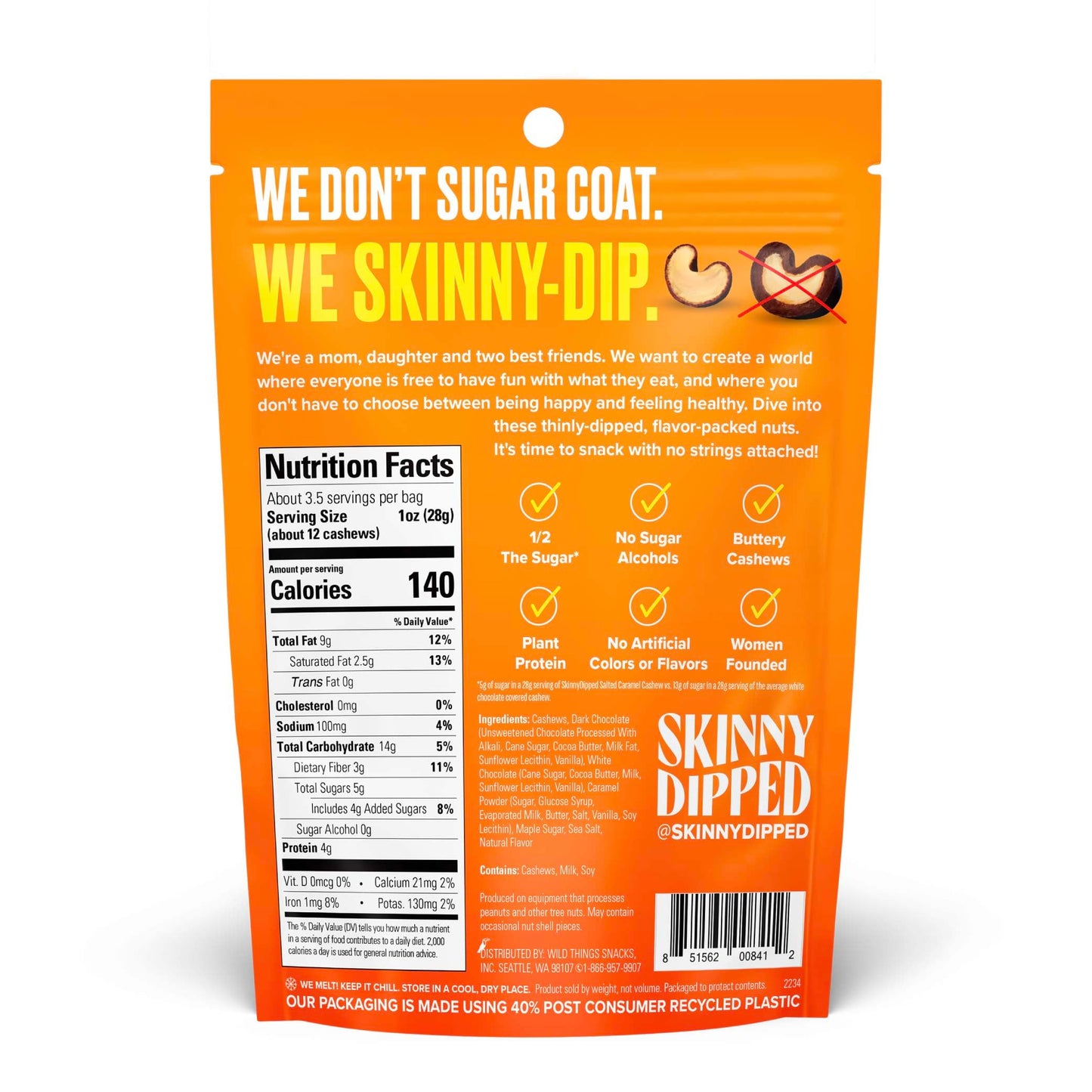 SkinnyDipped Salted Caramel Cashews, Healthy Snack, Plant Protein, Gluten Free, 3.5oz Resealable Bags, Pack of 5