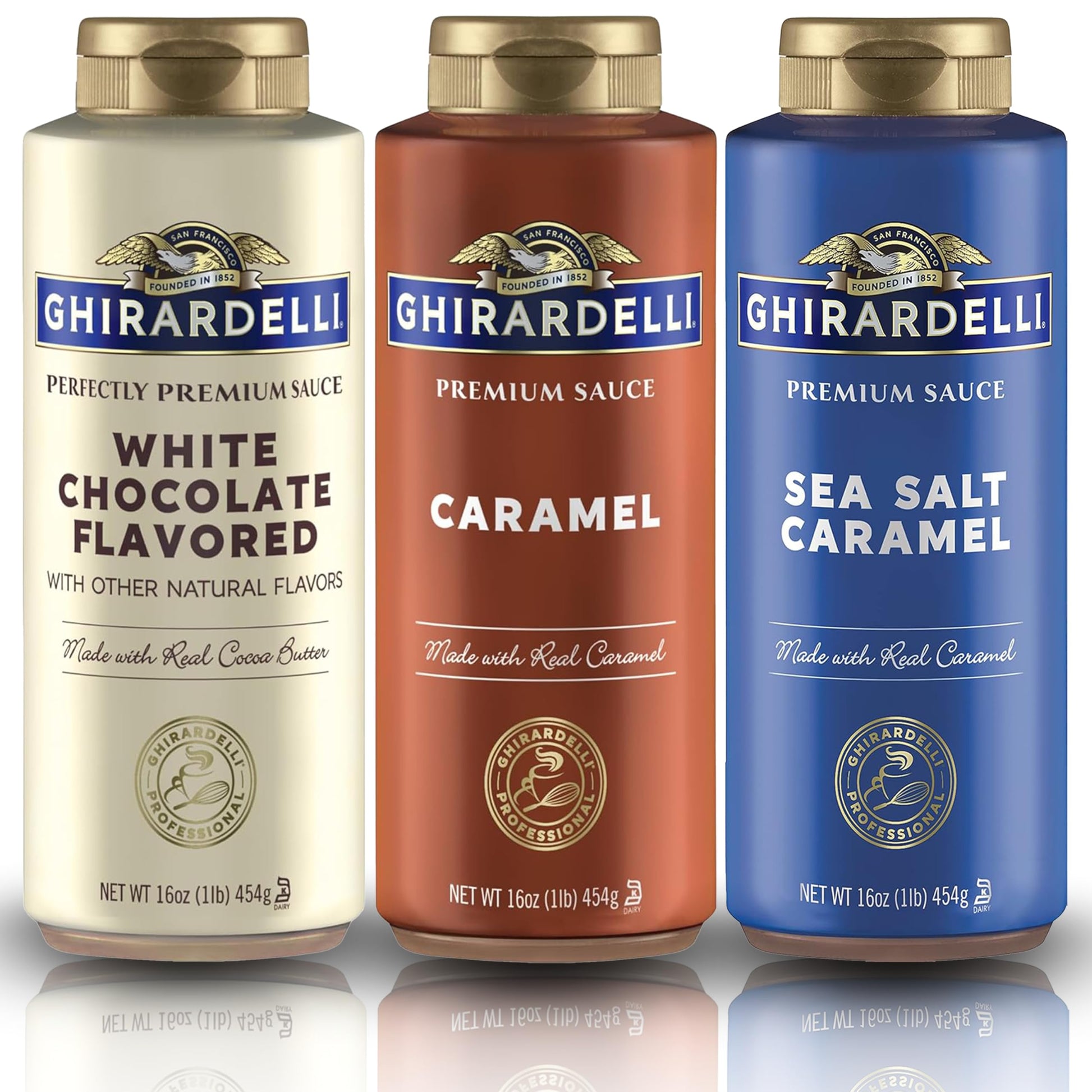 Ghirardelli Flavored Sauce Variety Pack | 16 Oz Bottles (Pack Of 3) | White Chocolate  Caramel  And Sea Salt Caramel Dessert Toppings For Coffee  Ice Cream  And Baking