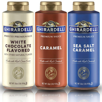 Ghirardelli Flavored Sauce Variety Pack | 16 Oz Bottles (Pack Of 3) | White Chocolate  Caramel  And Sea Salt Caramel Dessert Toppings For Coffee  Ice Cream  And Baking