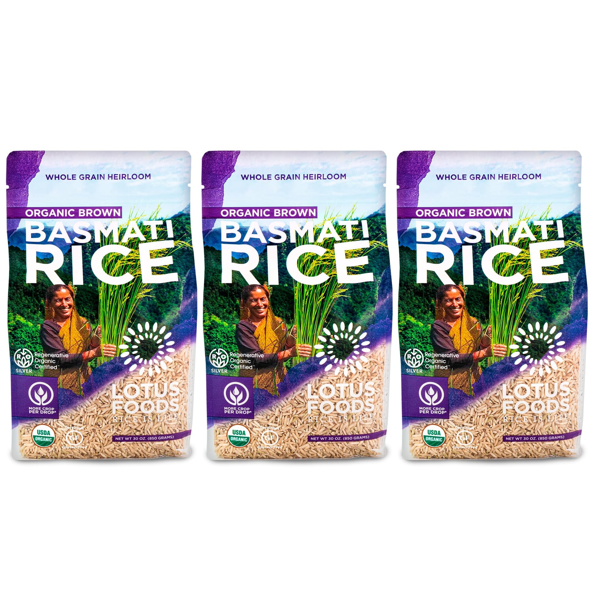 Lotus Foods Regenerative Organic Brown Basmati Rice - Gluten Free Whole Grain Heirloom Rice, Vegan, Non GMO, Use for Curries, St