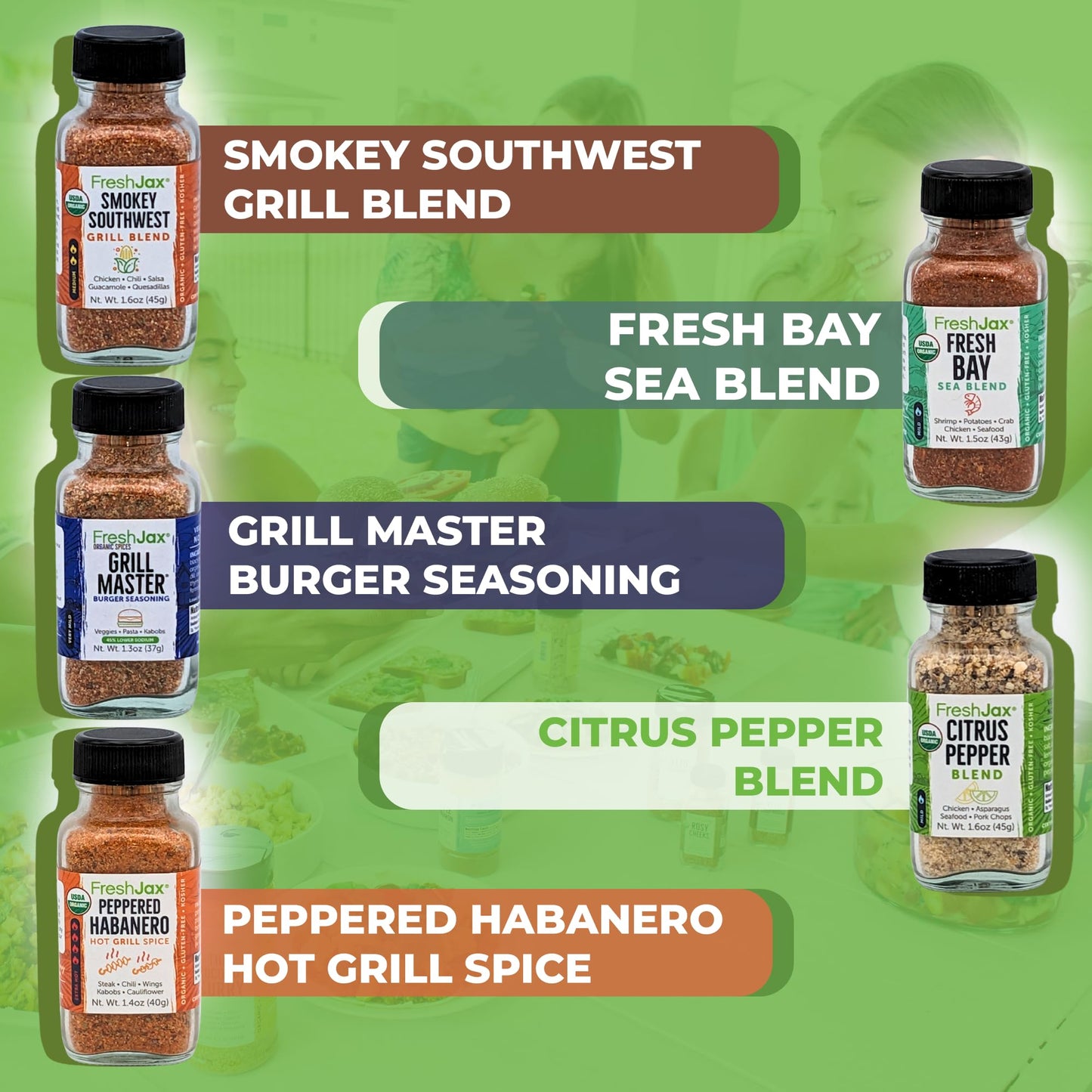 FreshJax Grill Seasoning Gift Set | 5 Sampler Sized Organic Grilling Spices | Grilling Gifts for Men | BBQ Grill Spices and Seas