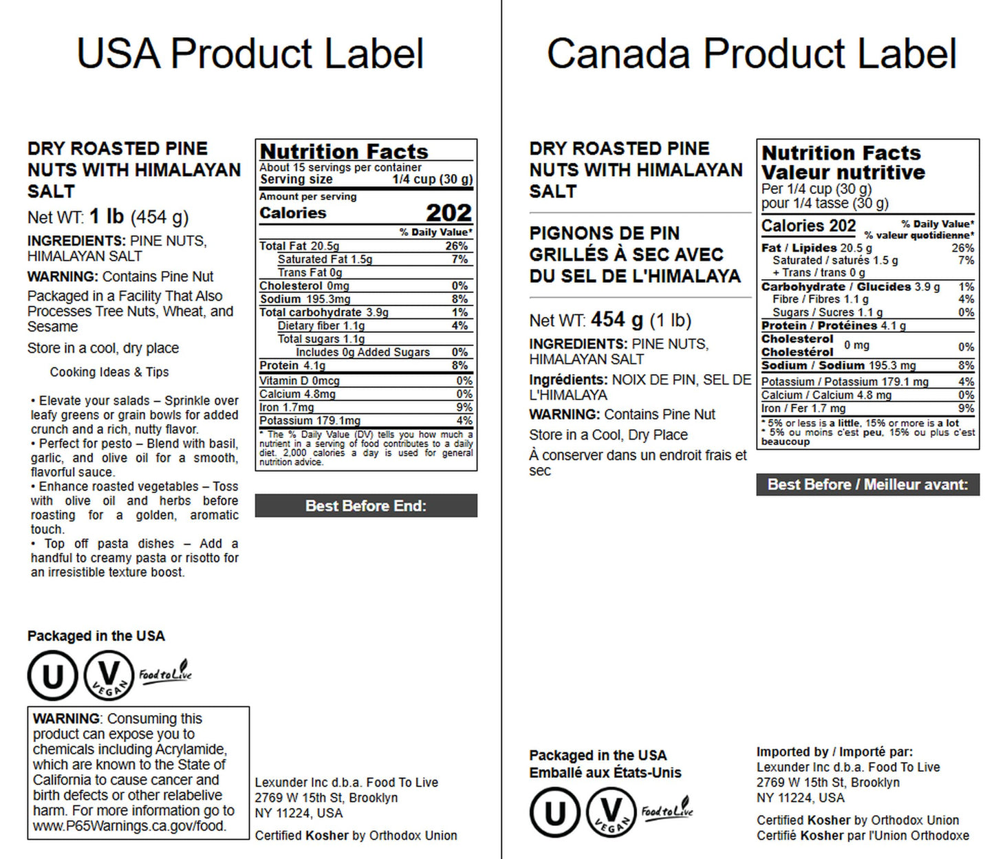 Food to Live Pine Nuts, Dry Roasted with Himalayan Salt, 1 Pound, Vegan, Kosher, No Oil Added, Perfect for Cooking and Snacking
