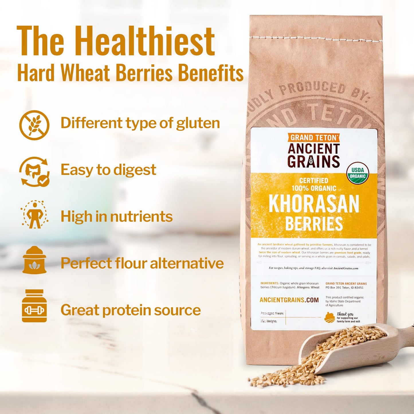 Grand Teton - Ancient Grains Khorasan Wheat Berries, 100% Organic Berries, Premium Food-Grade Khorasan Grain, For Milling, Sprou