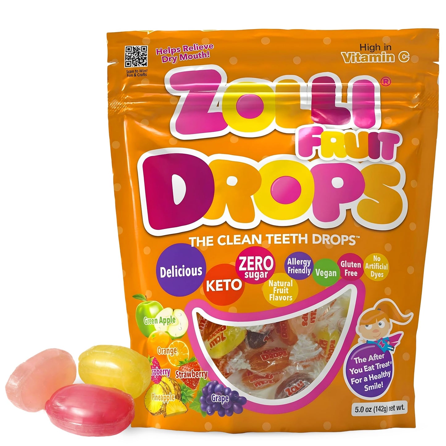 Zolli Fruit Drops Clean Teeth Candy Sugar-Free with Xylitol, Dye-Free, Keto & Diabetic-Friendly, Dentist-Approved Treats for Kid