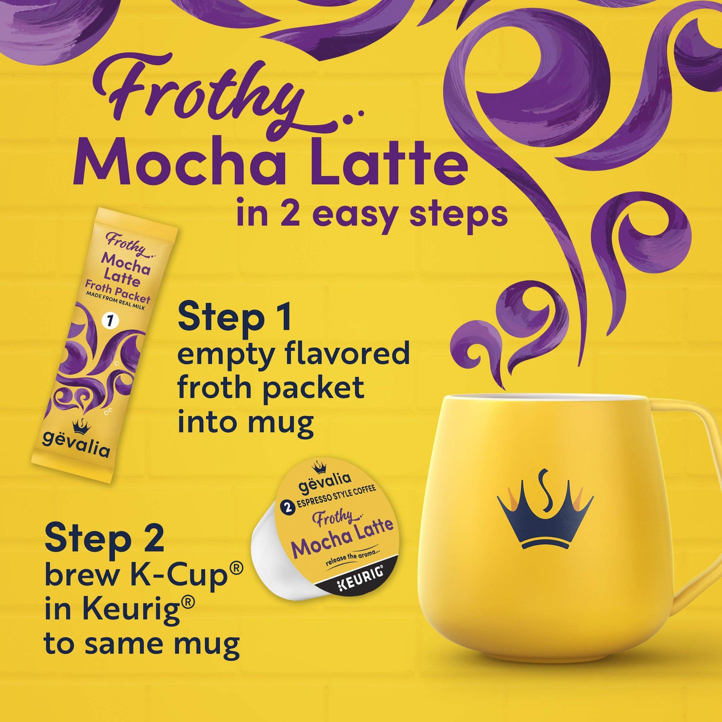 Gevalia Frothy 2-Step Mocha Latte Espresso Keurig K-Cup Coffee Pods & Froth Packets Kit (6 Ct Box)