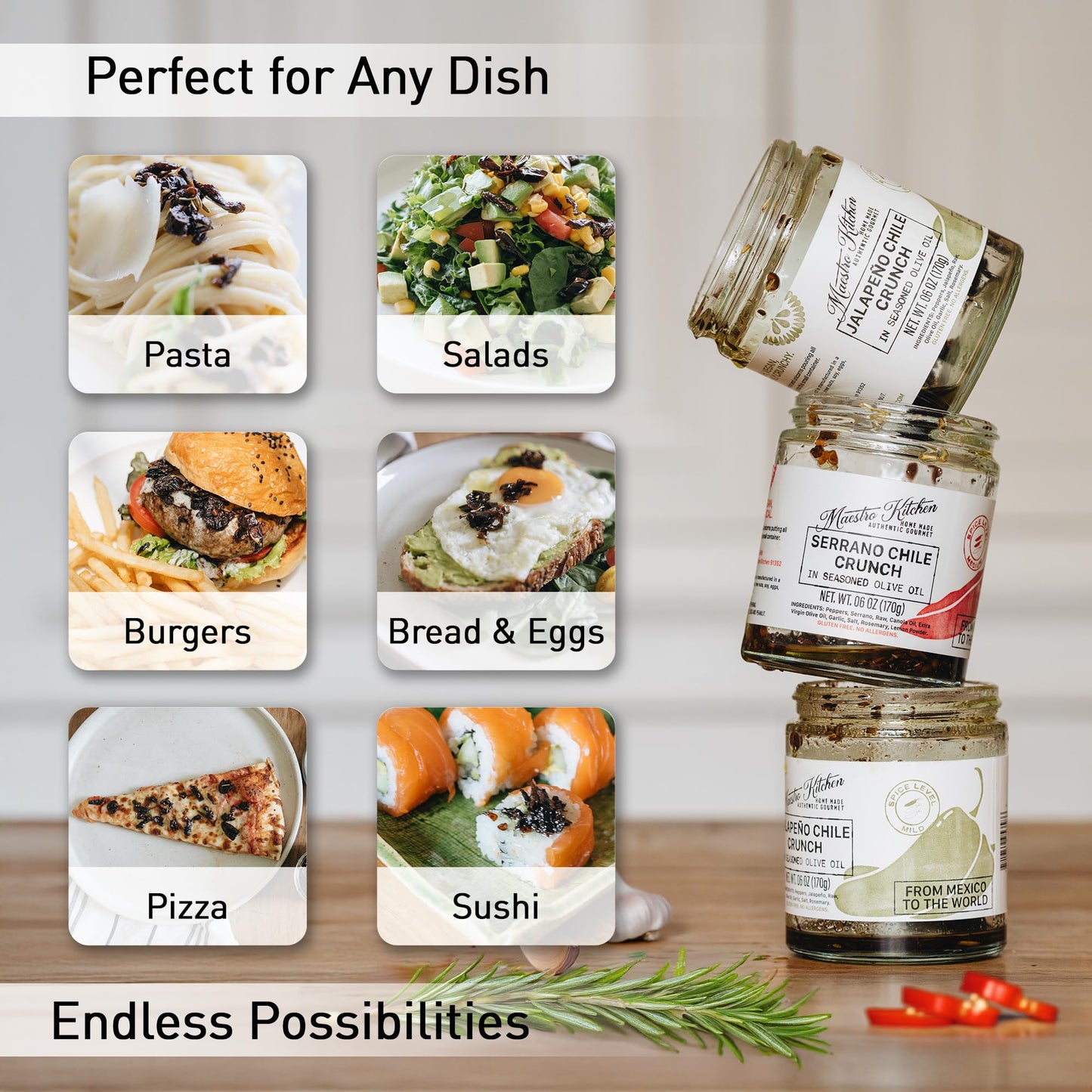 Spicy Serrano Pepper Chile Crunch Crisp 6oz - All Natural Chili Oil Hot Sauce w/ 100% Olive Oil, Garlic & Rosemary - Crunchy Mex