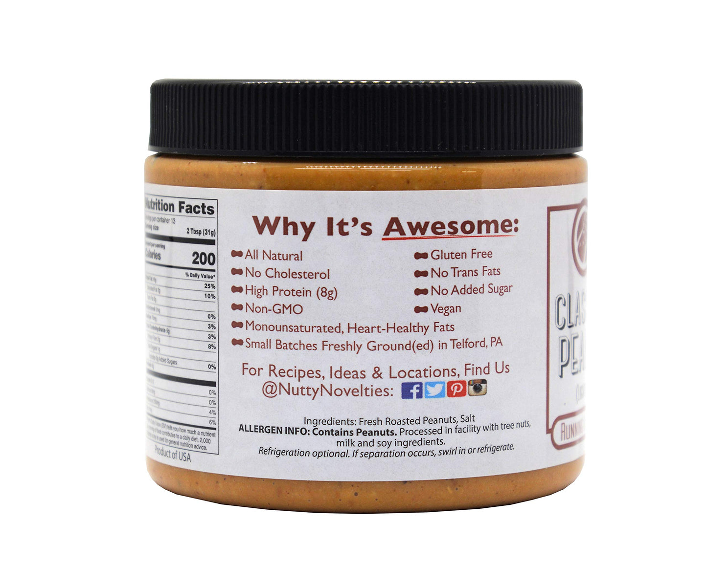 Nutty Novelties Classic Crunchy Peanut Butter - High Protein, Low Sugar, Vegan - 30 Ounces