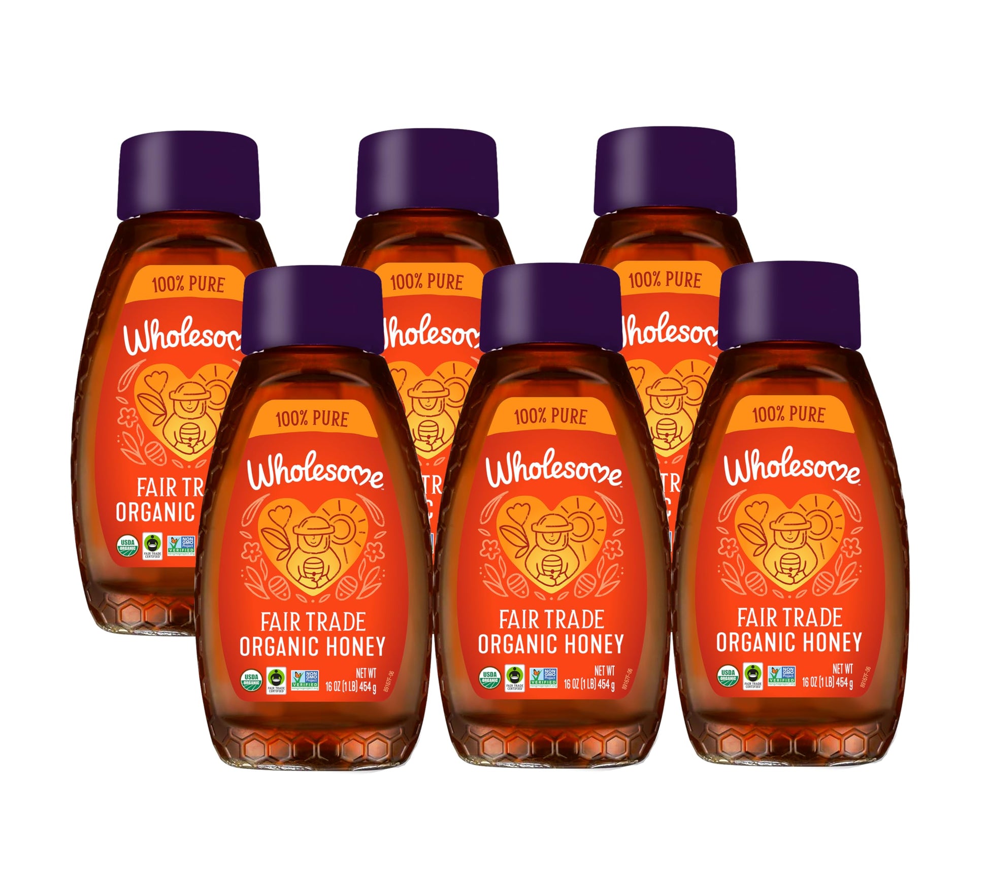 Wholesome Sweeteners 16-Ounce Organic Honey Bottle, 100% Pure, Fair Trade Certified, Non GMO Project Verified & Gluten Free, 6 P