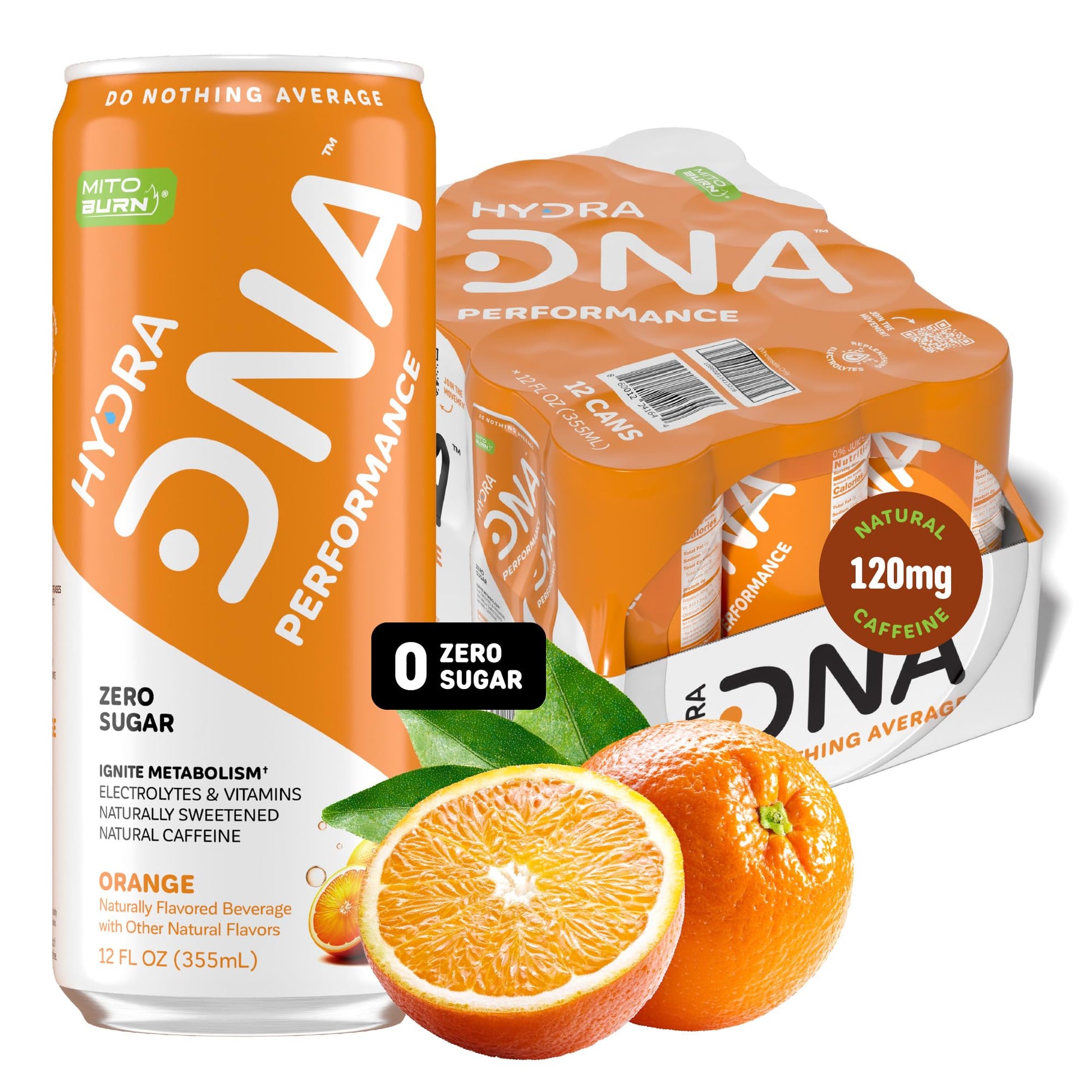 HYDRADNA Clean Performance Drink, Zero Sugar, 12 Fl Oz (Pack of 12), Orange, 120 mg Organic Caffeine, Natural Flavors