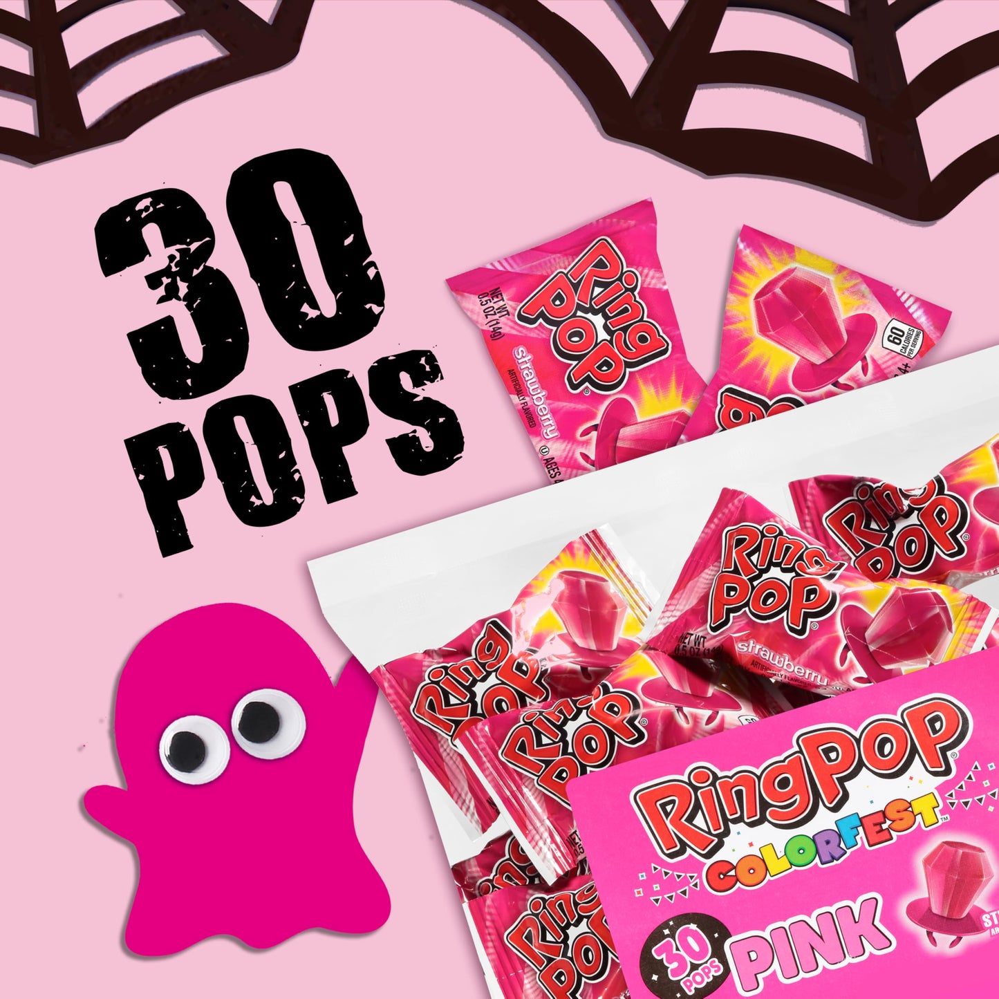 Ring Pop Individually Wrapped Pink Halloween Candy, Strawberry 30 Ct Lollipop Bulk, Lollipop Suckers for Kids, Fun Candy Bulk fo