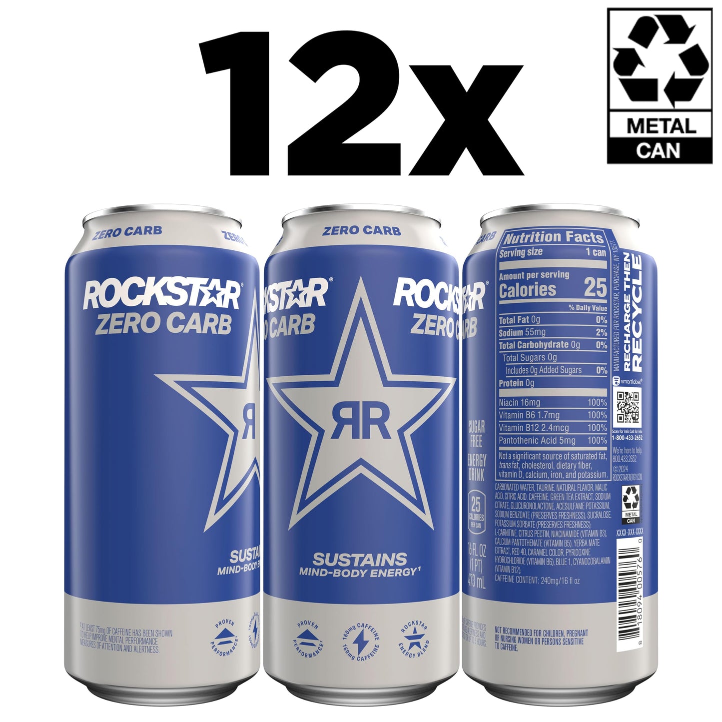 Rockstar Zero Carb Energy Drink, 16 Fl Oz (Pack of 12), Model 00012000240355