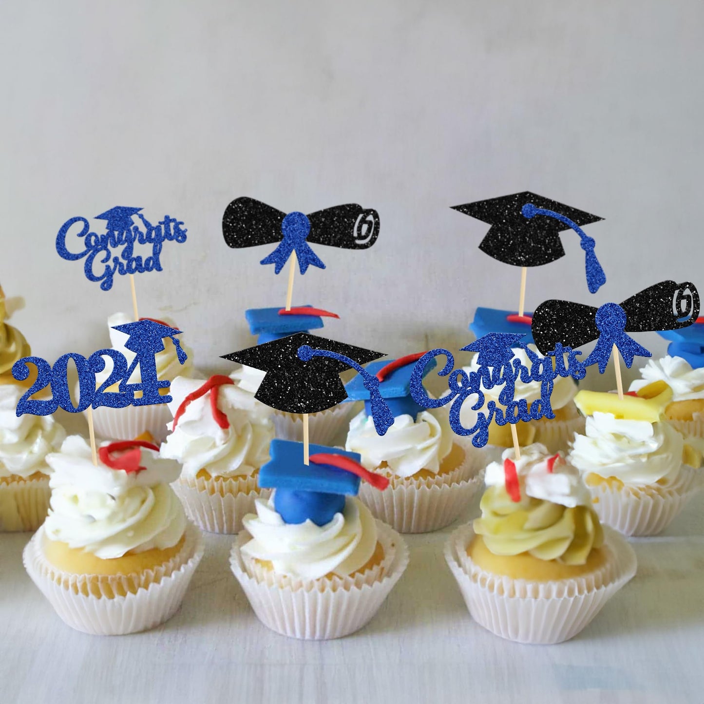 Gyufise 24Pcs 2024 Graduation Cupcake Toppers Blue Glitter Congrats Grad 2024 Diploma Cap Cupcake Picks Class Of 2024 Cake Decor