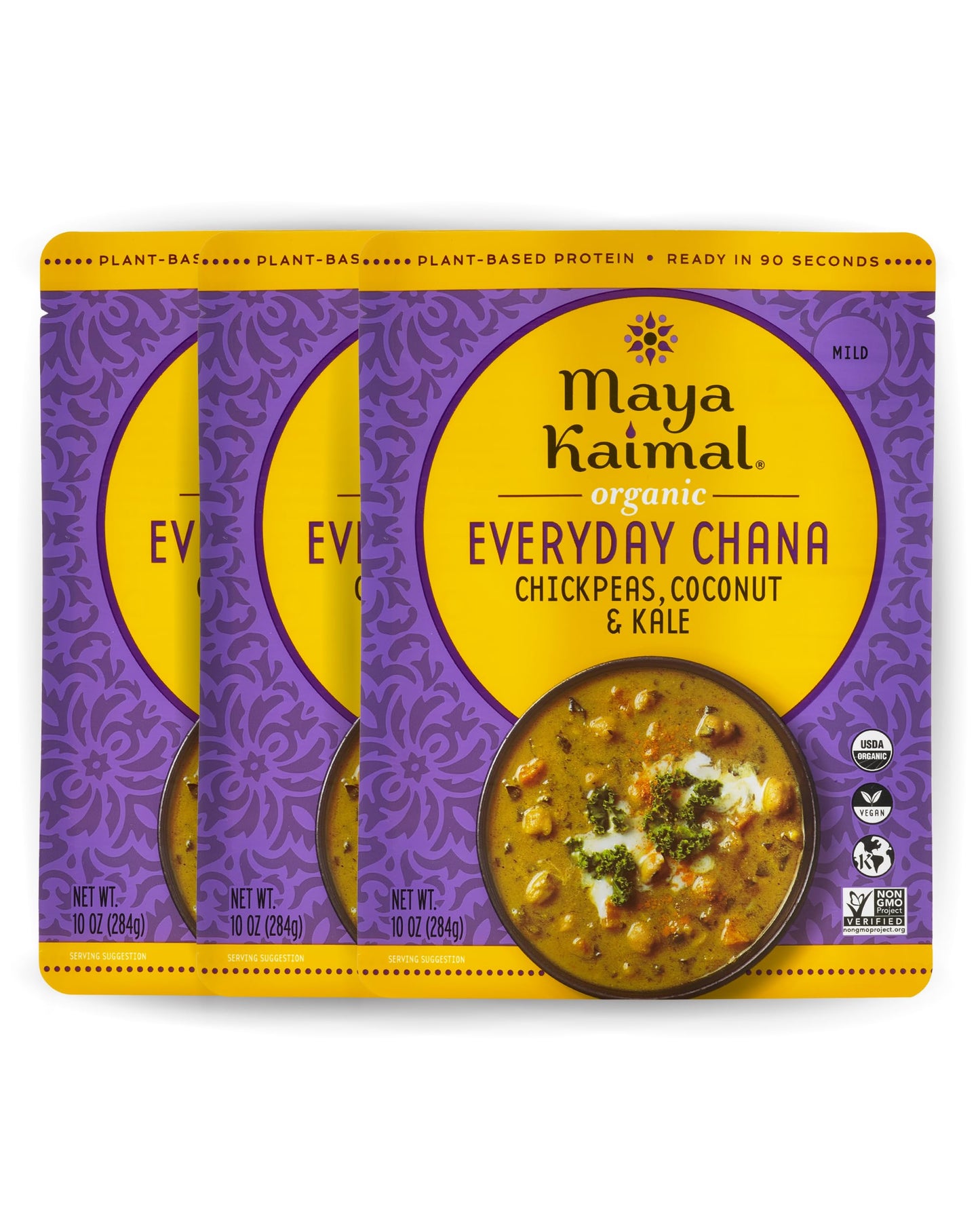 Maya Kaimal Organic Indian Everyday Chana - Fully Cooked - Vegan - Microwavable - Ready To Eat Meals (10 Ounce (Pack Of 3), Chickpeas, Coconut & Kale)