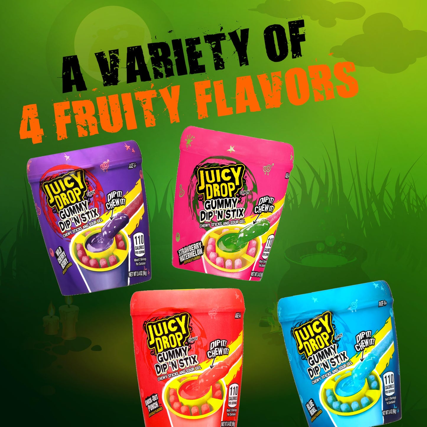 Juicy Drop Gummy Dip 'N Stix - 8 Count Assorted Sour Candy Variety Pack for Birthdays and Parties