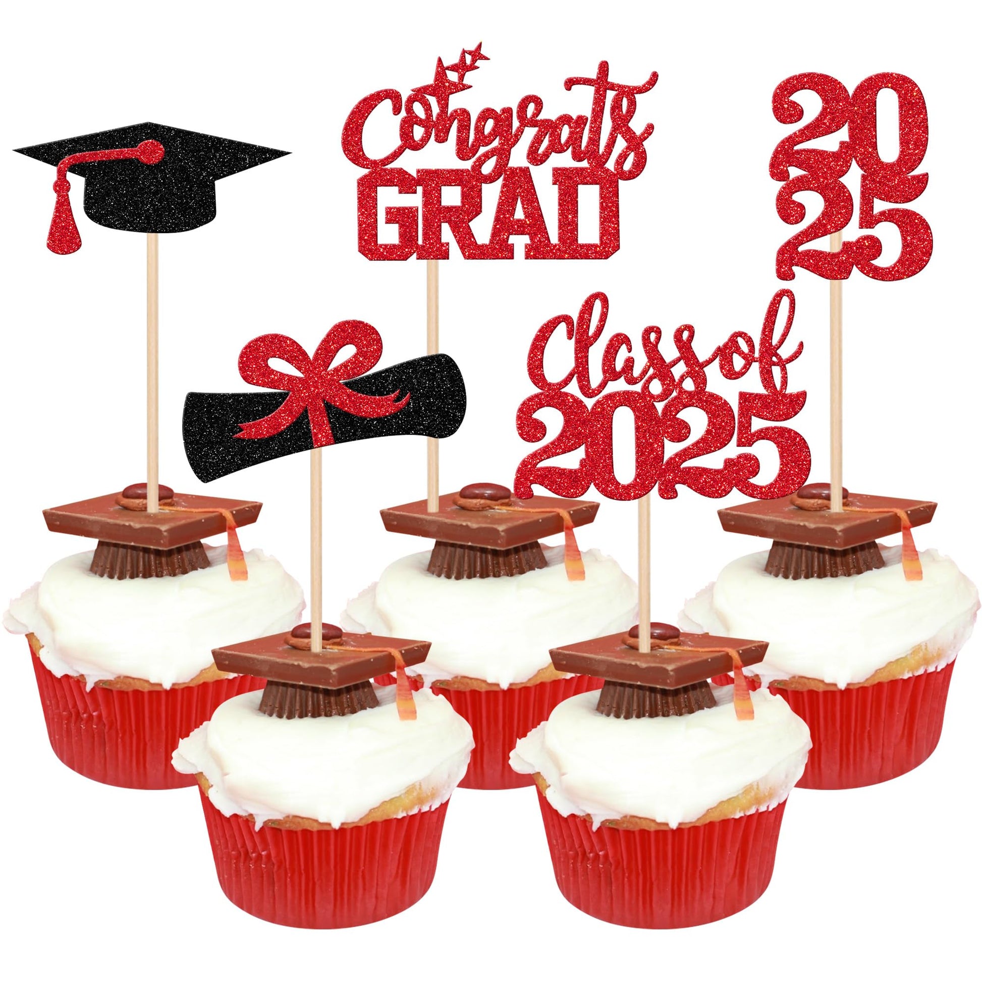ZHUOWEISM Graduation Cupcake Toppers, 40 PCS Glitter Class of 2025, Red, Paper with Glitter