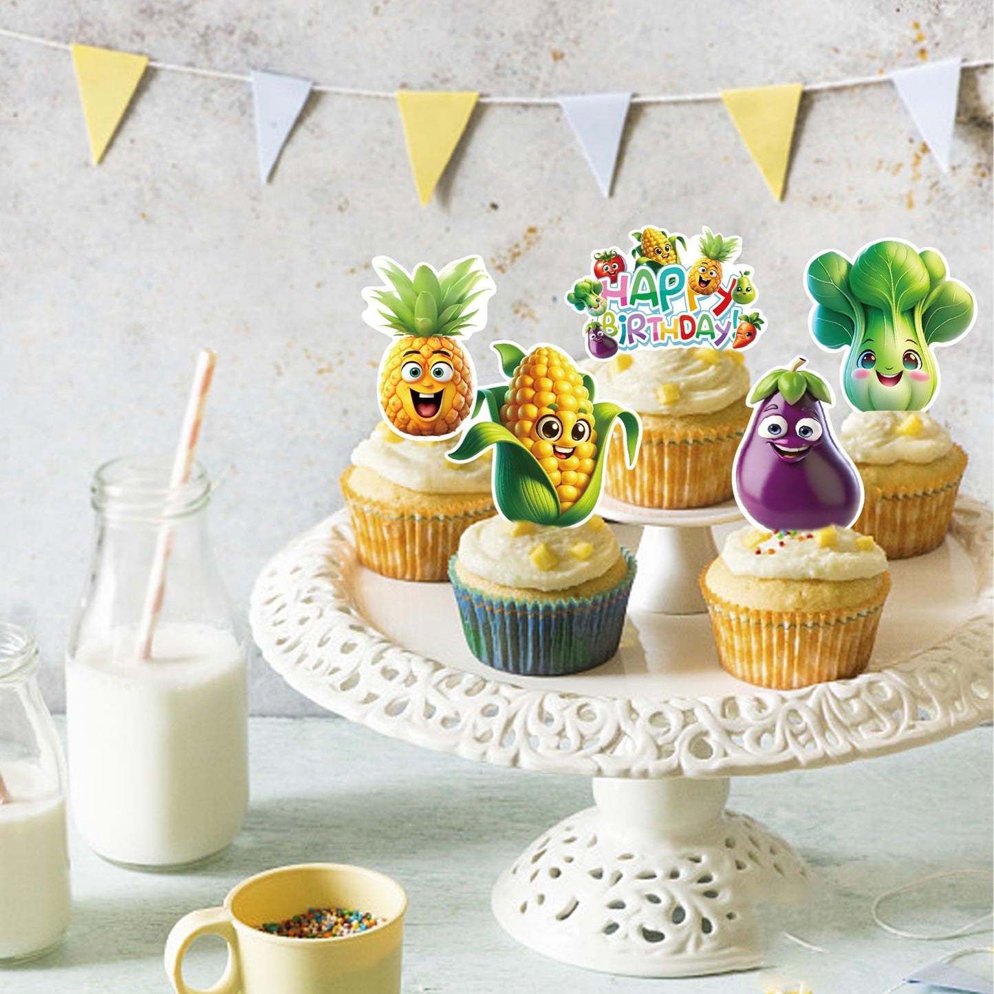 48Pcs Edible Fruit Birthday Cupcake Toppers Wafer Paper Dancing Fruit Birthday Decorations For Baby Shower Wedding Party Decorat