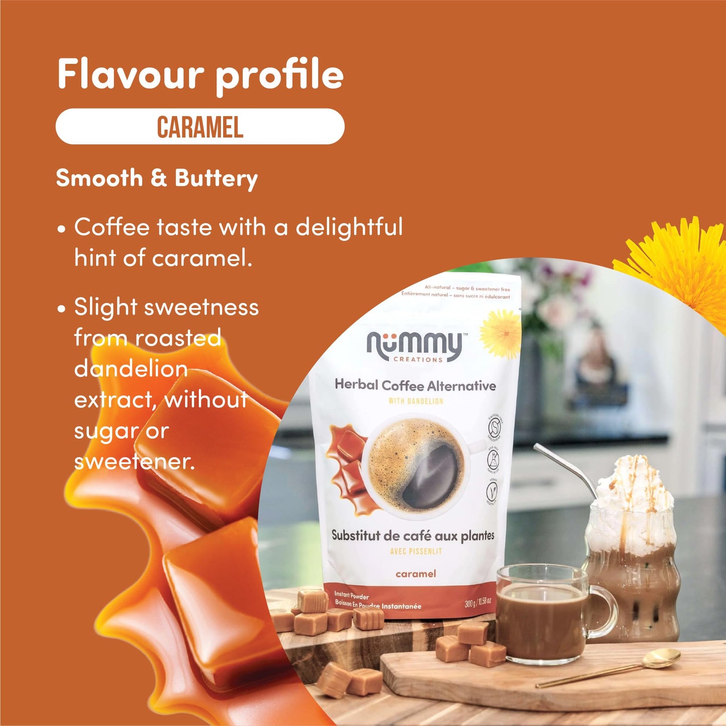 Nummy Creations Caramel Instant Coffee Alternative, Caffeine-Free, 10.6oz