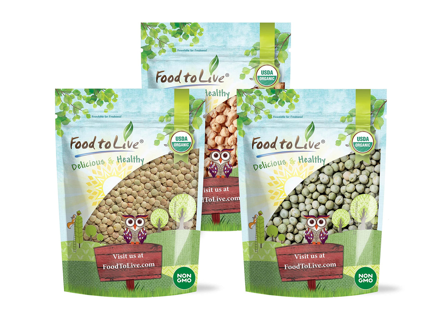 Food to Live Organic Pulses Bundle, 3 Pack - Whole Green Peas (5 LB), Green Lentils (5 LB), Chickpeas (5 LB), Non-GMO Dried Legu
