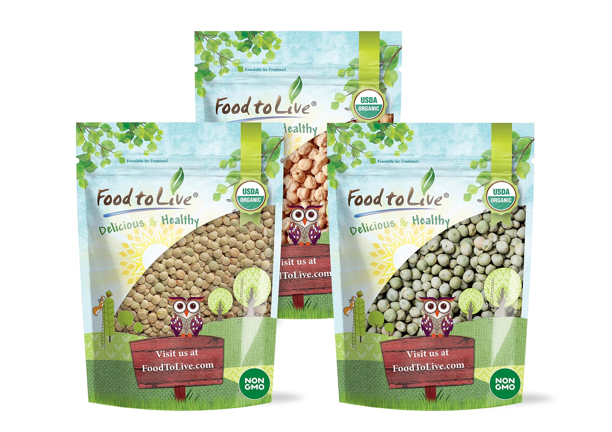 Food to Live Organic Pulses Bundle, 3 Pack - Whole Green Peas (5 LB), Green Lentils (5 LB), Chickpeas (5 LB), Non-GMO Dried Legu