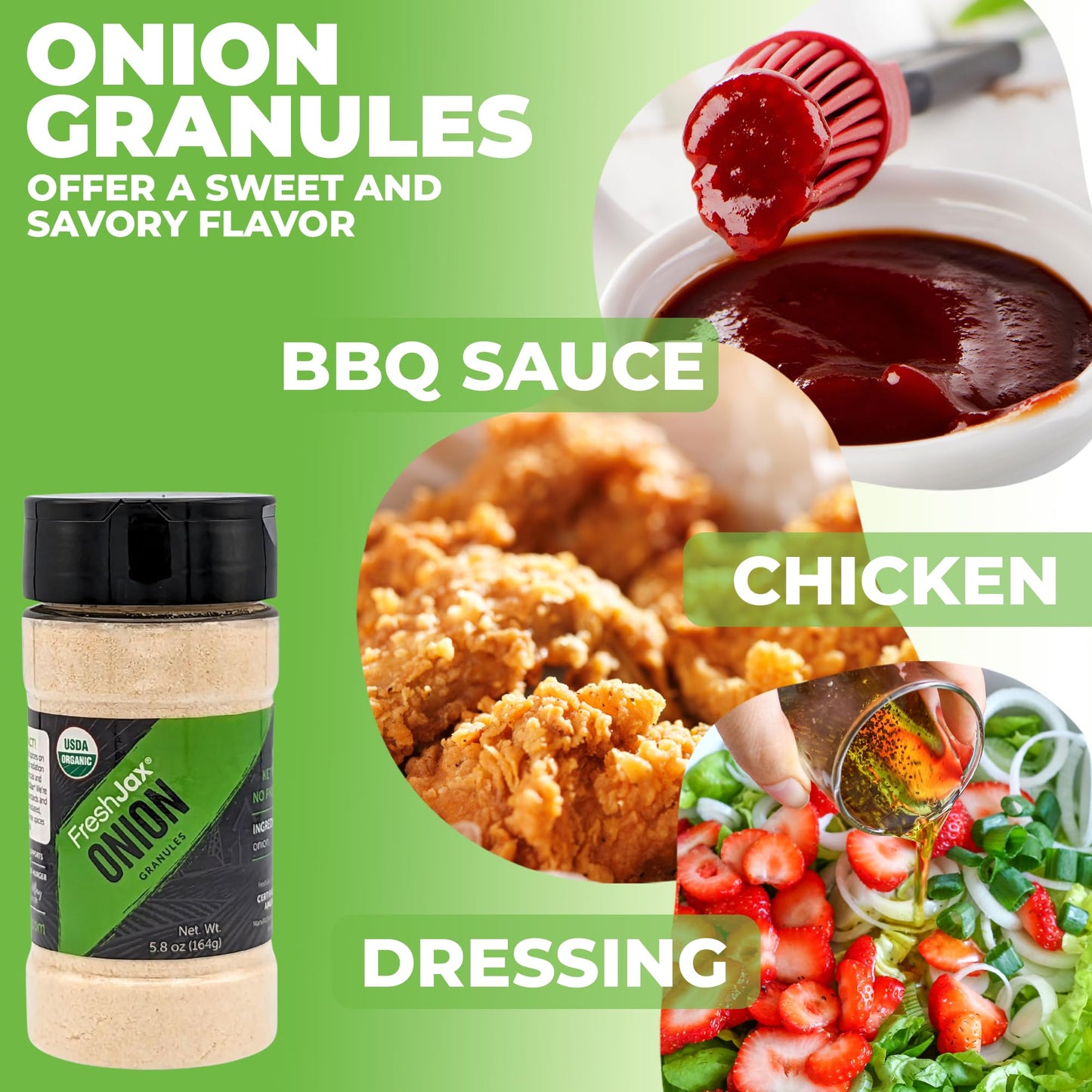 FreshJax Organic Onion Granules, 5.8 Ounce - Premium Spice Blend, Certified Organic