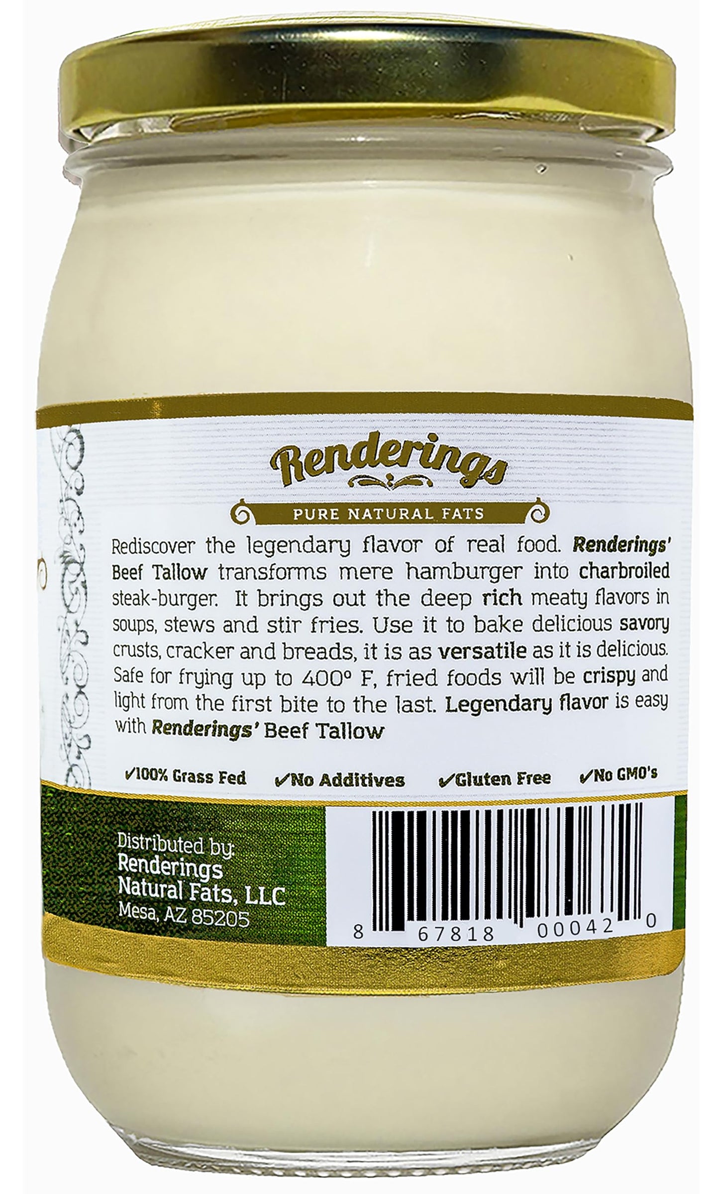 Renderings Beef Tallow, 100% Grass-Fed & Finished, Cooking, Baking and Frying, 14 oz jar