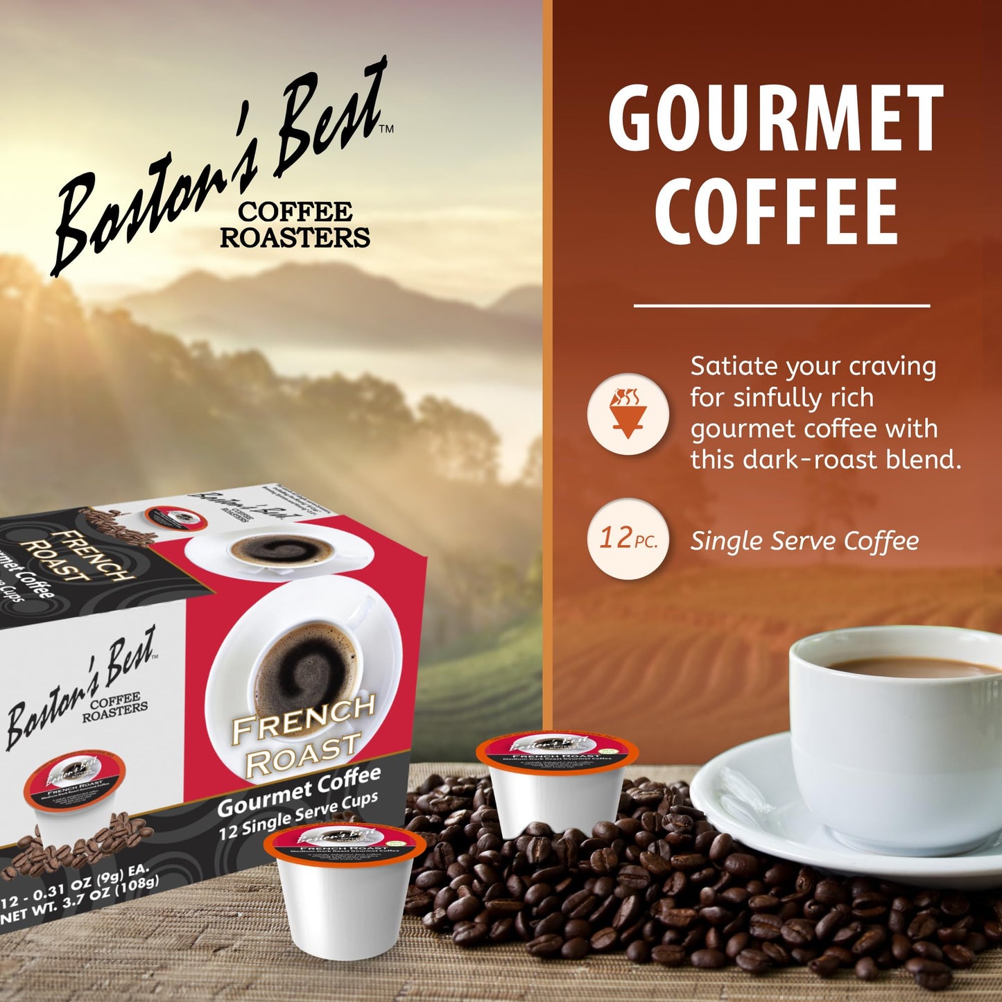 Bostons Best Coffee French Roast - Rich & Bold, Compatible with Keurig, 12 Single Serve Cups, 1 Count