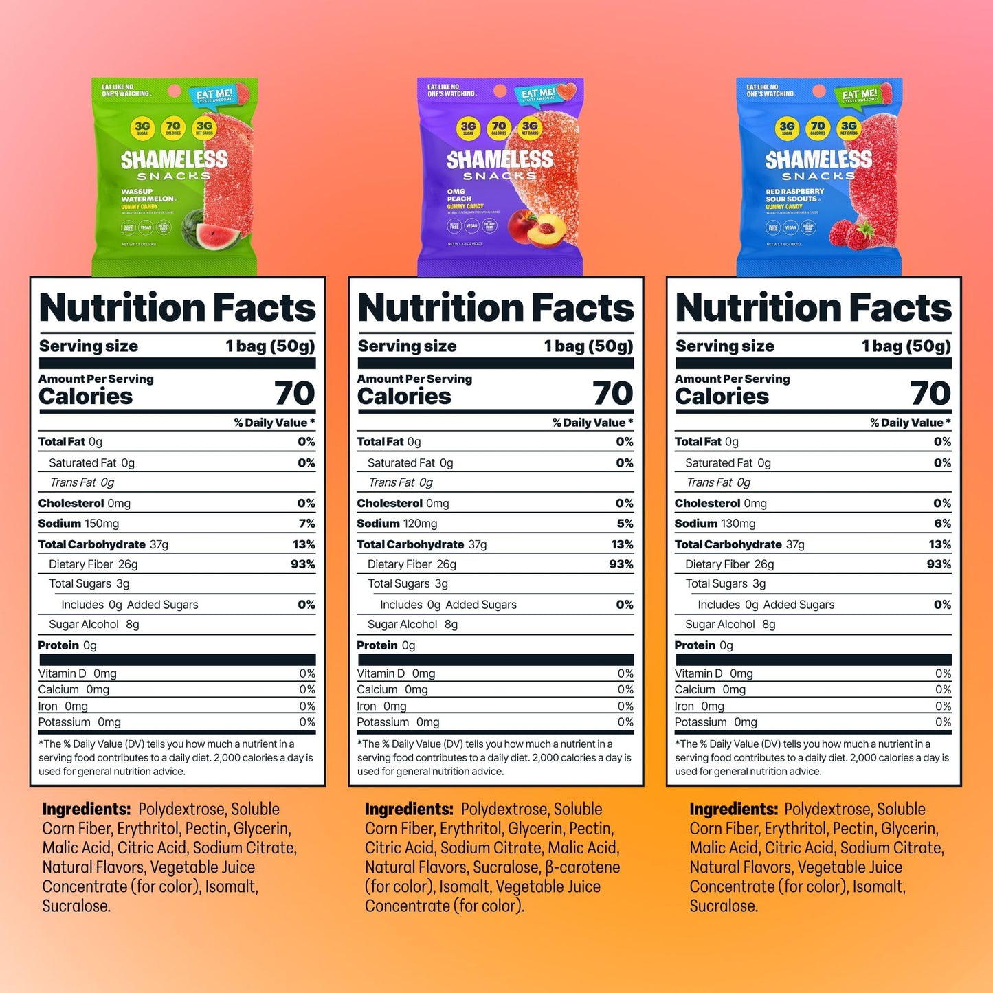 Shameless Snacks Fan Favorites Bundle Healthy Low Carb Keto Gummies Red Raspberry, Watermelon and Sour Peach