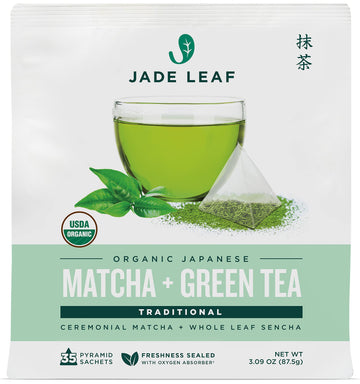 Jade Leaf Matcha Organic Matcha + Green Tea Bags - Traditional - Ceremonial Matcha + Whole Leaf Sencha - Authentic Japanese Orig