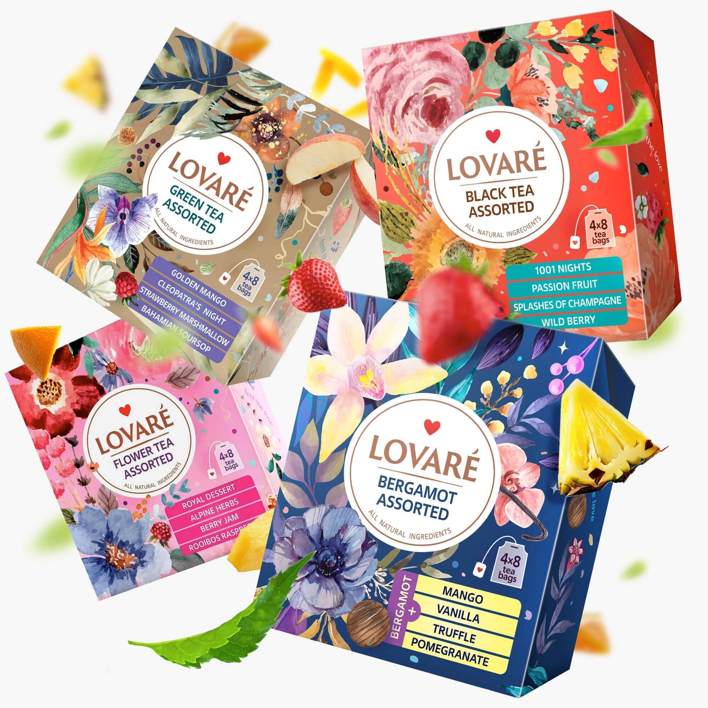 LOVARE Assorted Tea Variety Pack - 32 Bags per Box, Includes Bergamot Black, Floral, Black and Green Tea - Made in Ukraine