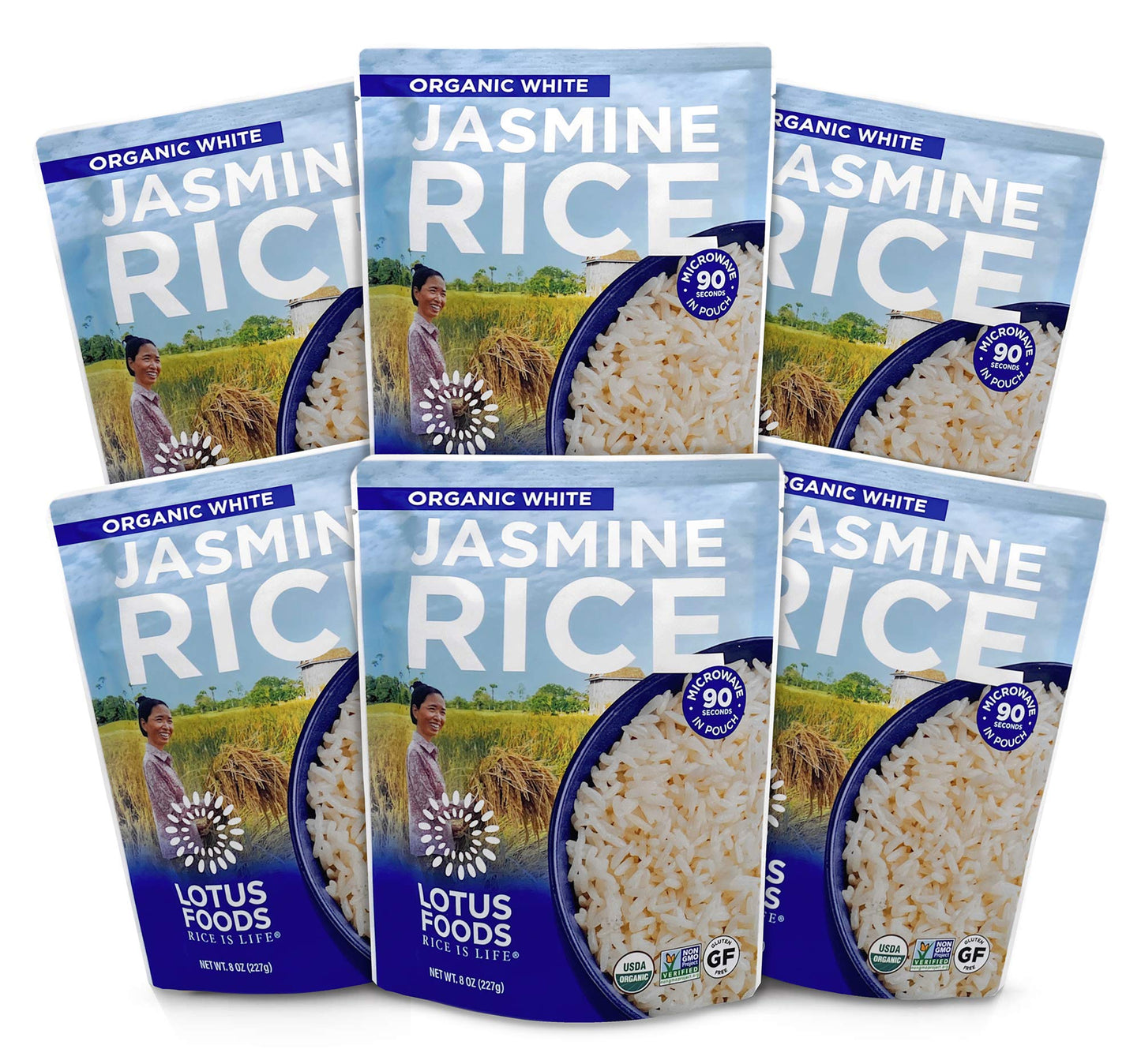 Lotus Foods Organic White Jasmine Rice Heat & Eat Pouch - Gluten Free White Rice, Organic Rice, Instant Microwave Jasmine Rice, Microwavable Pre Cooked Rice - 8 Oz (Pack Of 6)