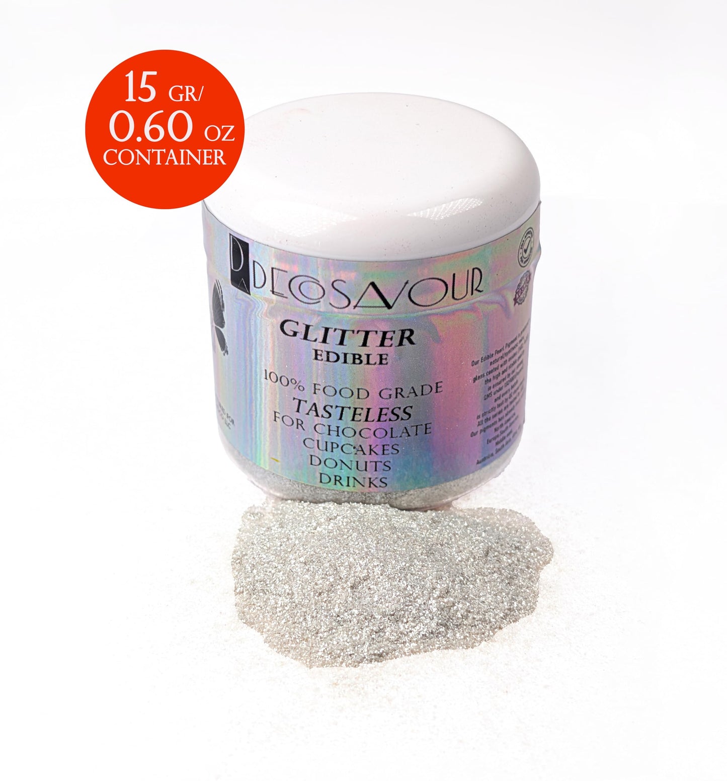 Decosavour Silver Edible Glitter - 15g Dazzle Dust Powder for Drinks, Cakes & Chocolate - Vegan, Gluten Free