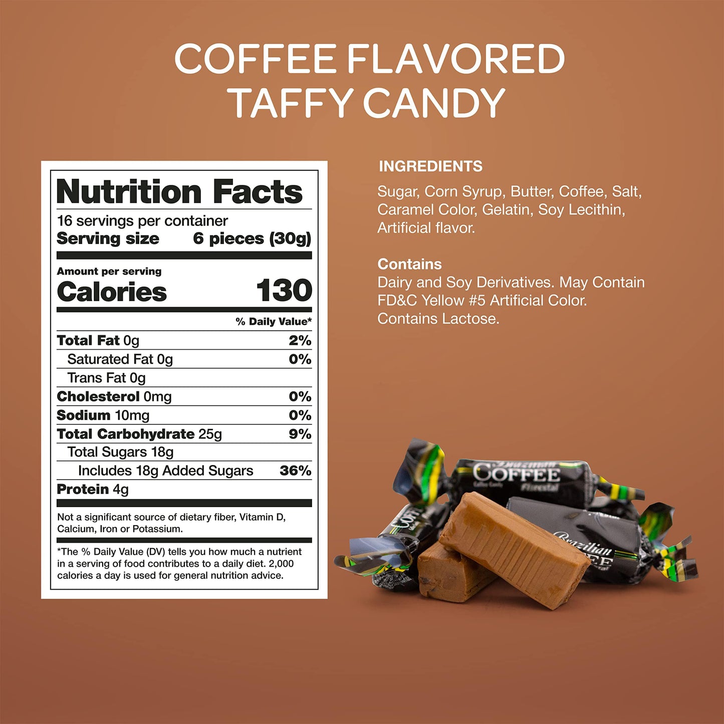 Brazilian Coffee Flavored Taffy Candy, Individually Wrapped, Bulk Pack 2 Pounds