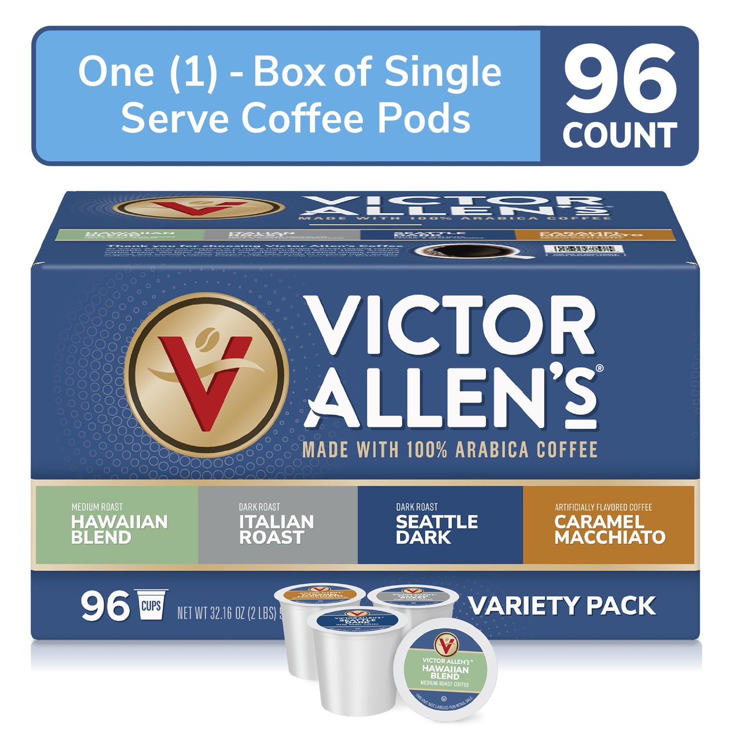 Victor Allens Coffee Variety Pack, Single Serve Pods, 96 Count, Kona Blend, Italian Roast, Seattle Dark, Caramel Macchiato, Brown