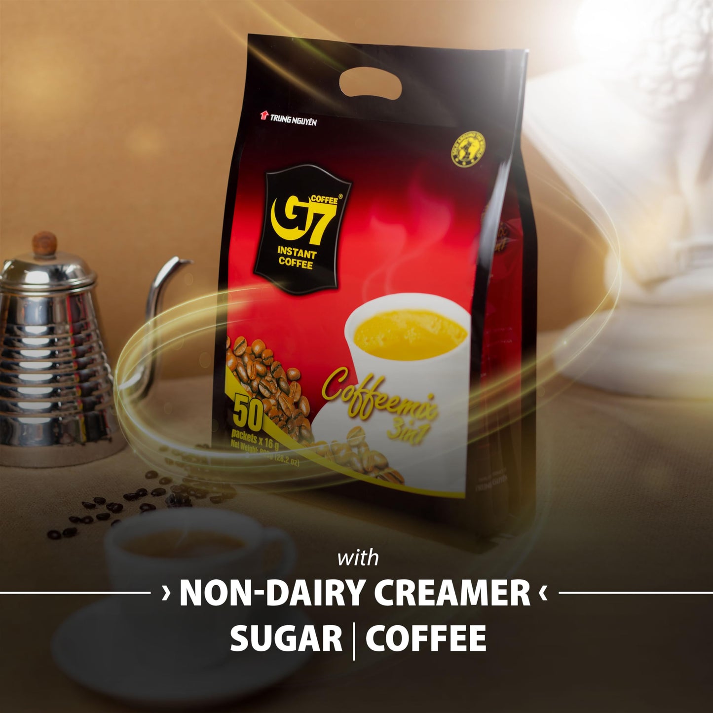 Trung Nguyen G7 Instant Coffee - 3-In-1 Roasted Ground Blend With Creamer & Sugar, Vietnamese Coffee (50 Sachets)