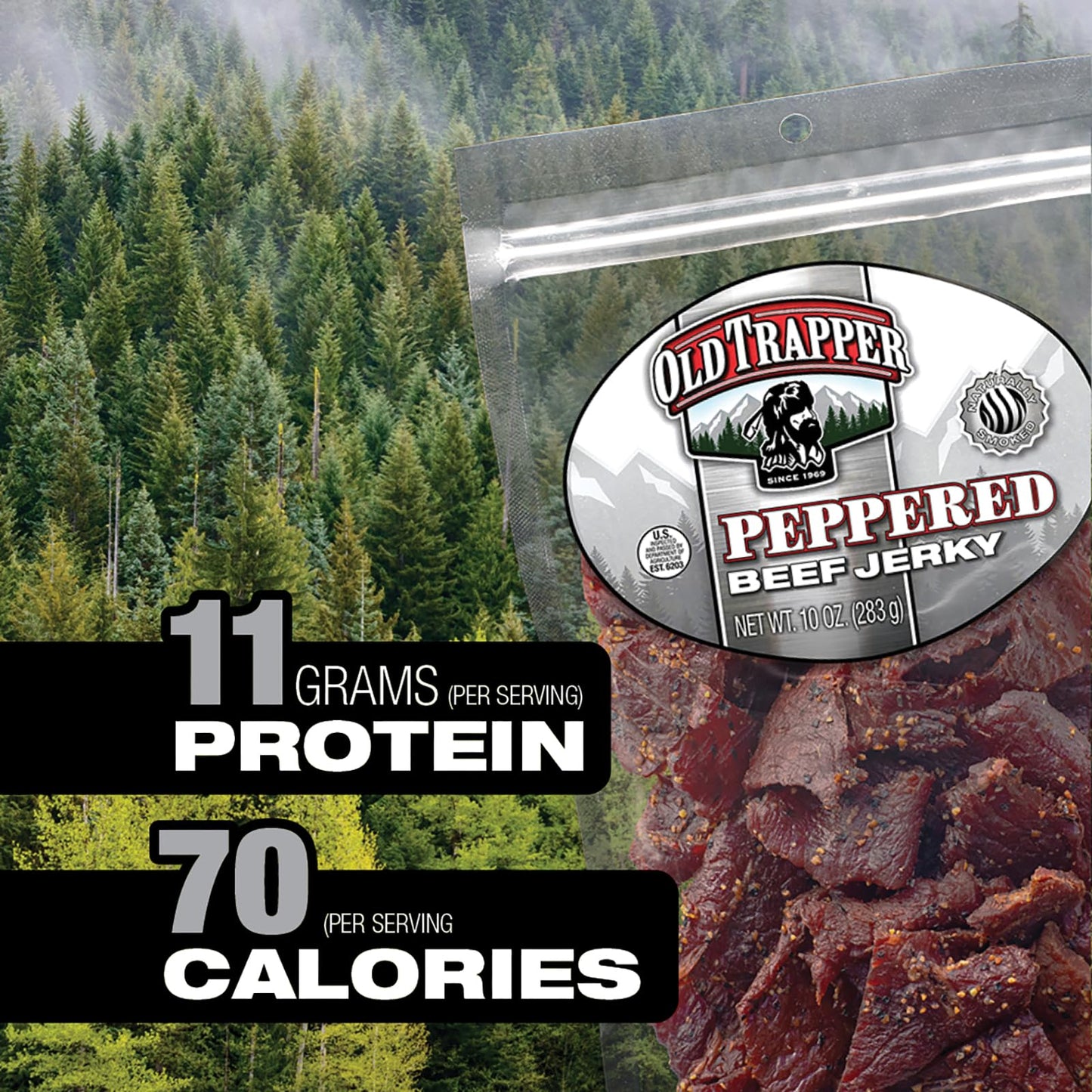Old Trapper Beef Jerky, Peppered 10-Ounce Pack, Spicy Meat Snacks For Lunches Or Between Meals, 11 Grams Of Protein, Zero Grams Of Fat, And 70 Calories Per Ounce (Pack Of One)