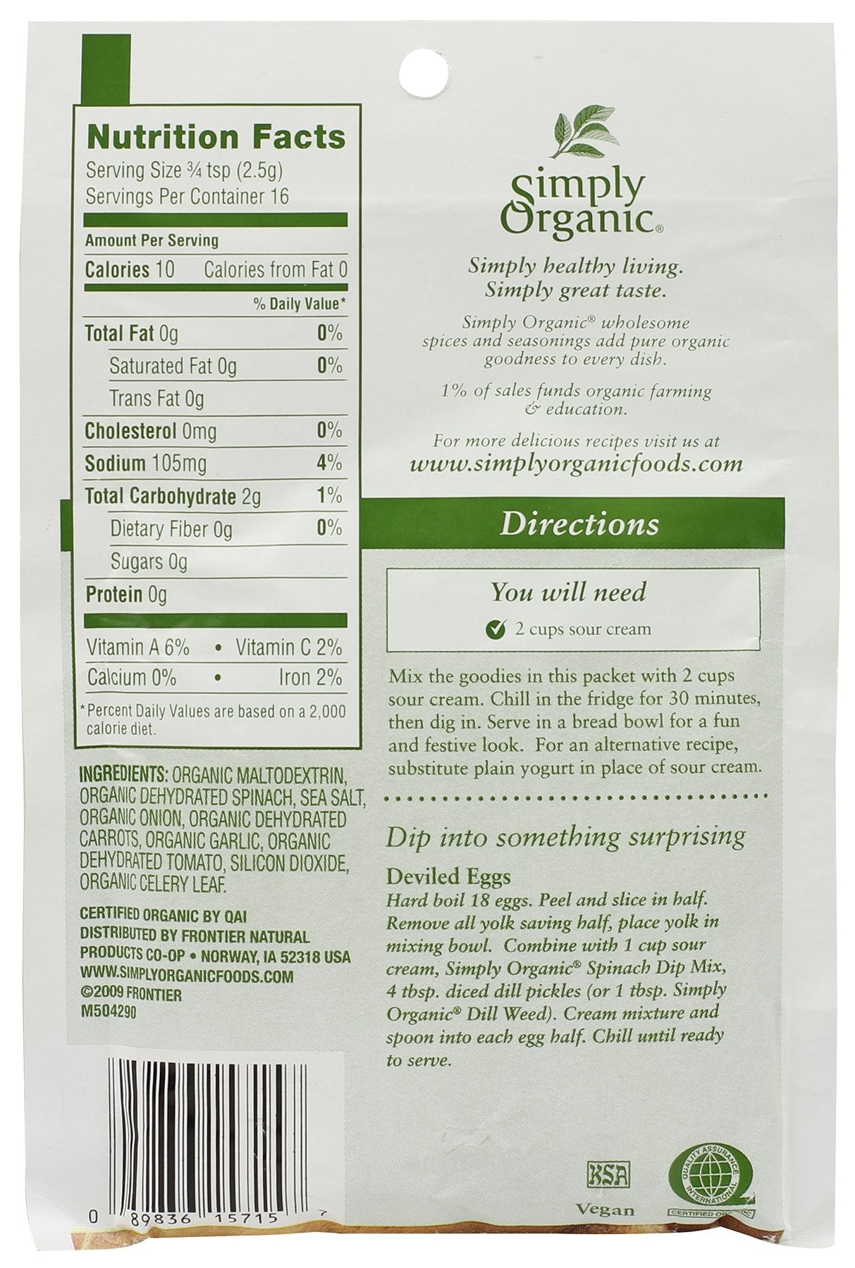 Simply Organic Spinach Dip Mix, Certified Organic, Gluten-Free | 1.41 Oz | Pack Of 12