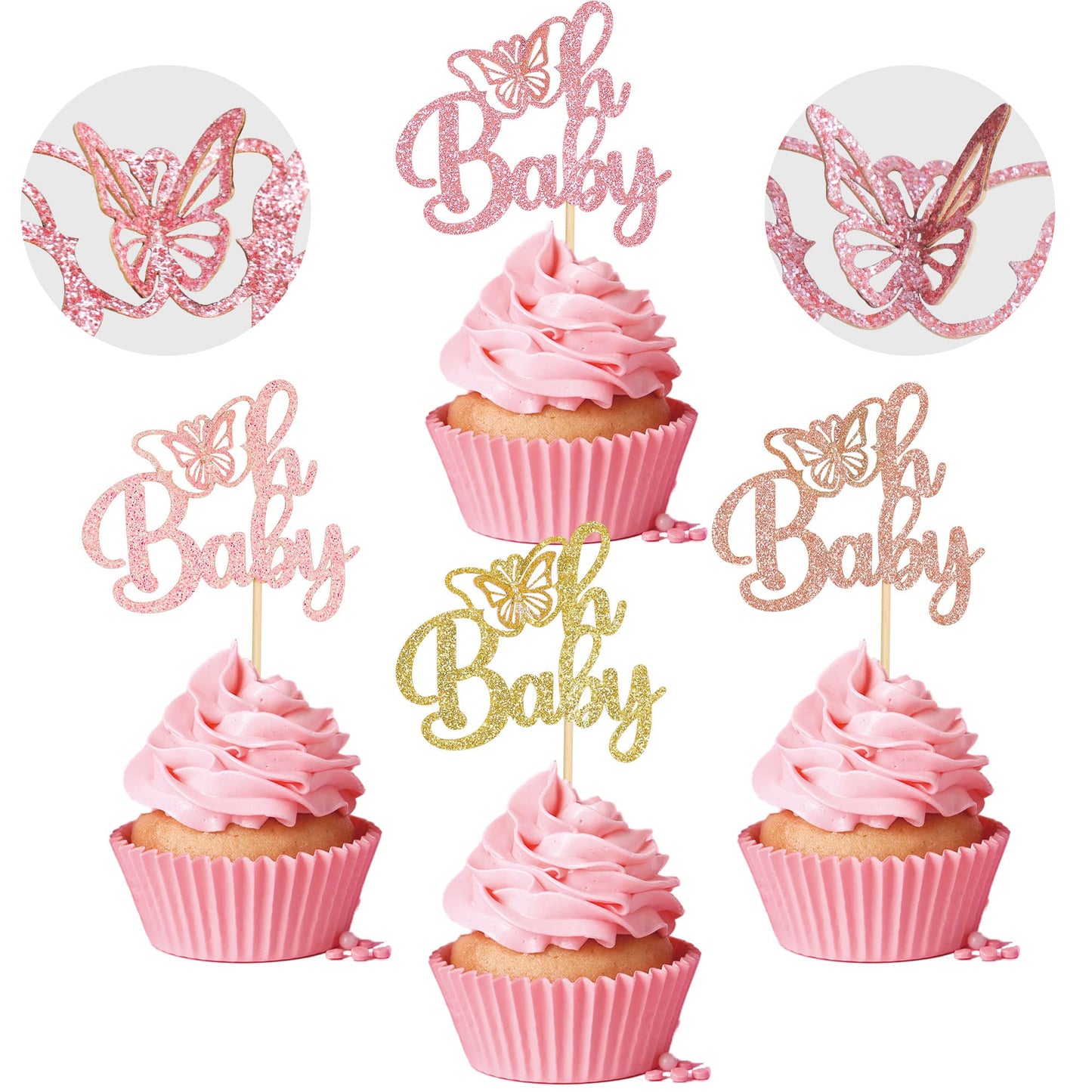 Gyufise 24Pcs Multicolor Glittery Oh Baby Butterfly Cupcake Toppers Baby Shower Girl Butterfly Decoration Baby Shower Butterfly
