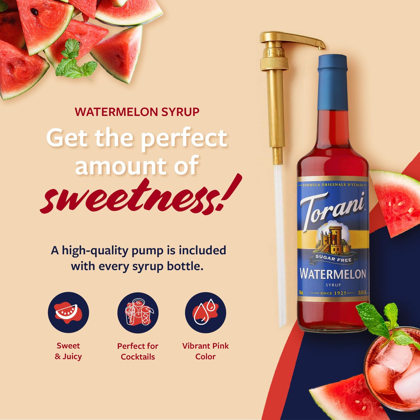 Torani Sugar Free Syrup, Watermelon Flavor, Zero Calorie, 25.4 Fl Oz Glass Bottle with Pump