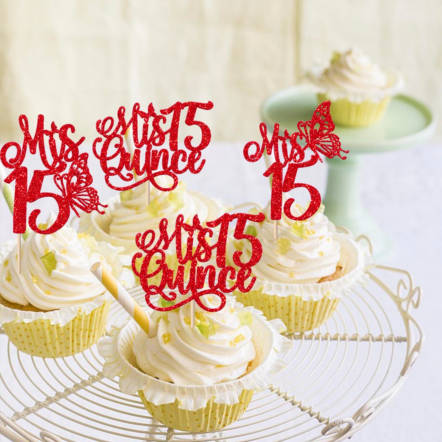 Rssta i Cupcake Toppers 24 Pack Glitter Quinceañera Decorations Red