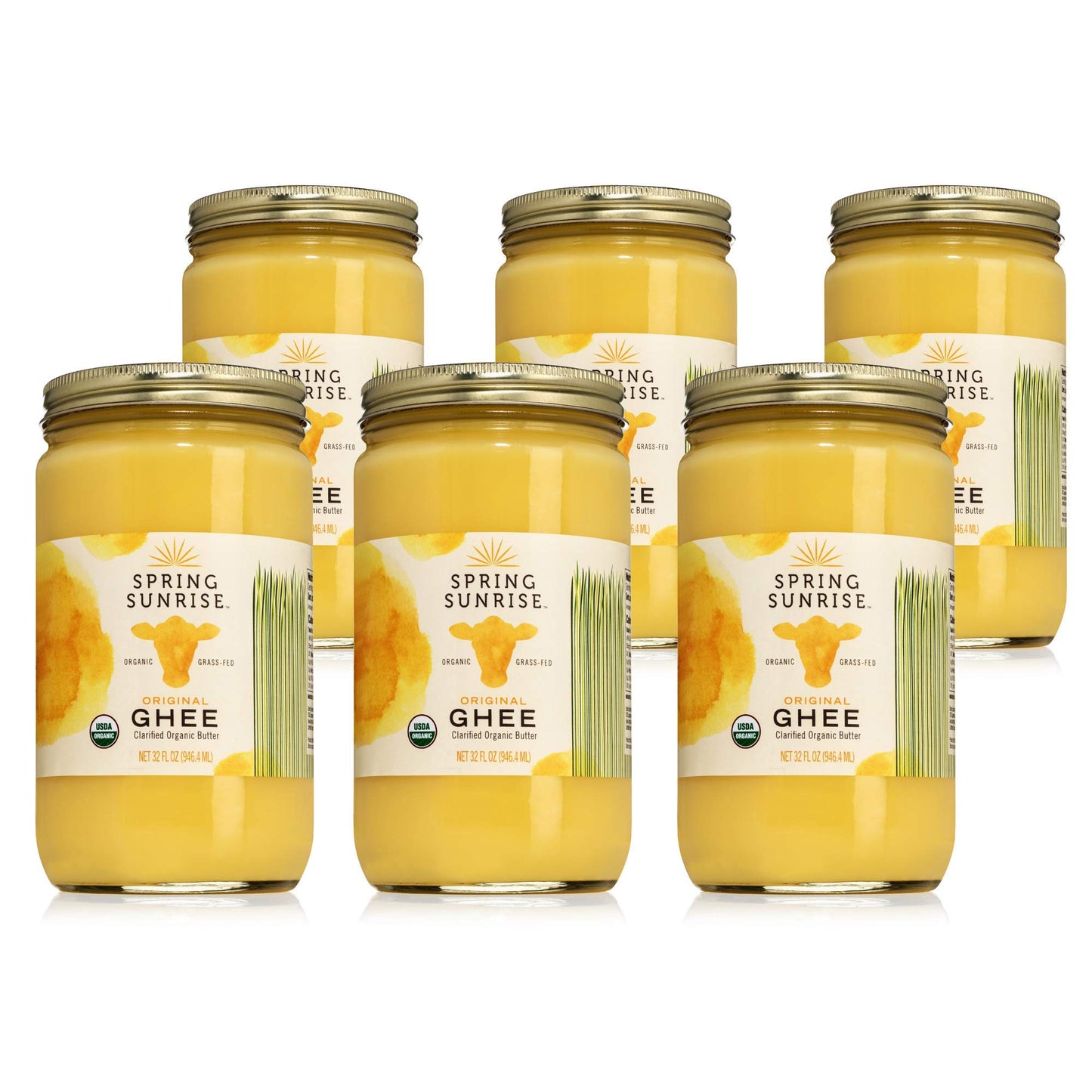 Spring Sunrise Organic Ghee - Grass Fed, Non-GMO, Gluten Free - 32 oz Jar, 6 Pack