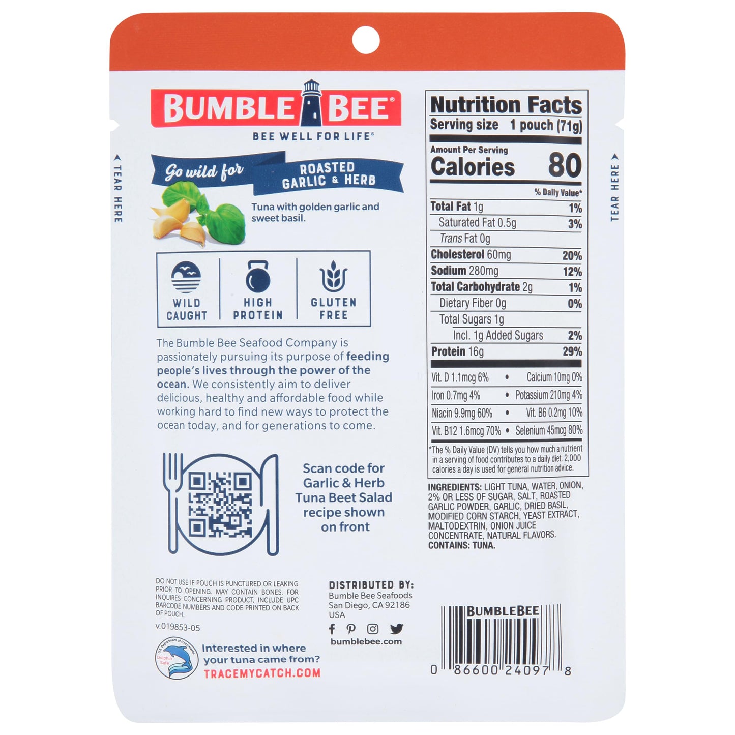 Bumble Bee Roasted Garlic & Herb Tuna Pouch - Ready to Eat - 2.5 oz - 16g Protein - Gluten Free - Wild Caught