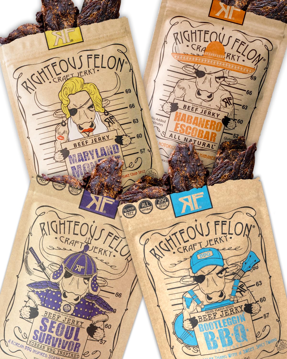 Righteous Felon Beef Jerky Variety Pack - Gluten Free, High Protein, Low Sugar Snacks, 2 Ounce (Pack of 4)